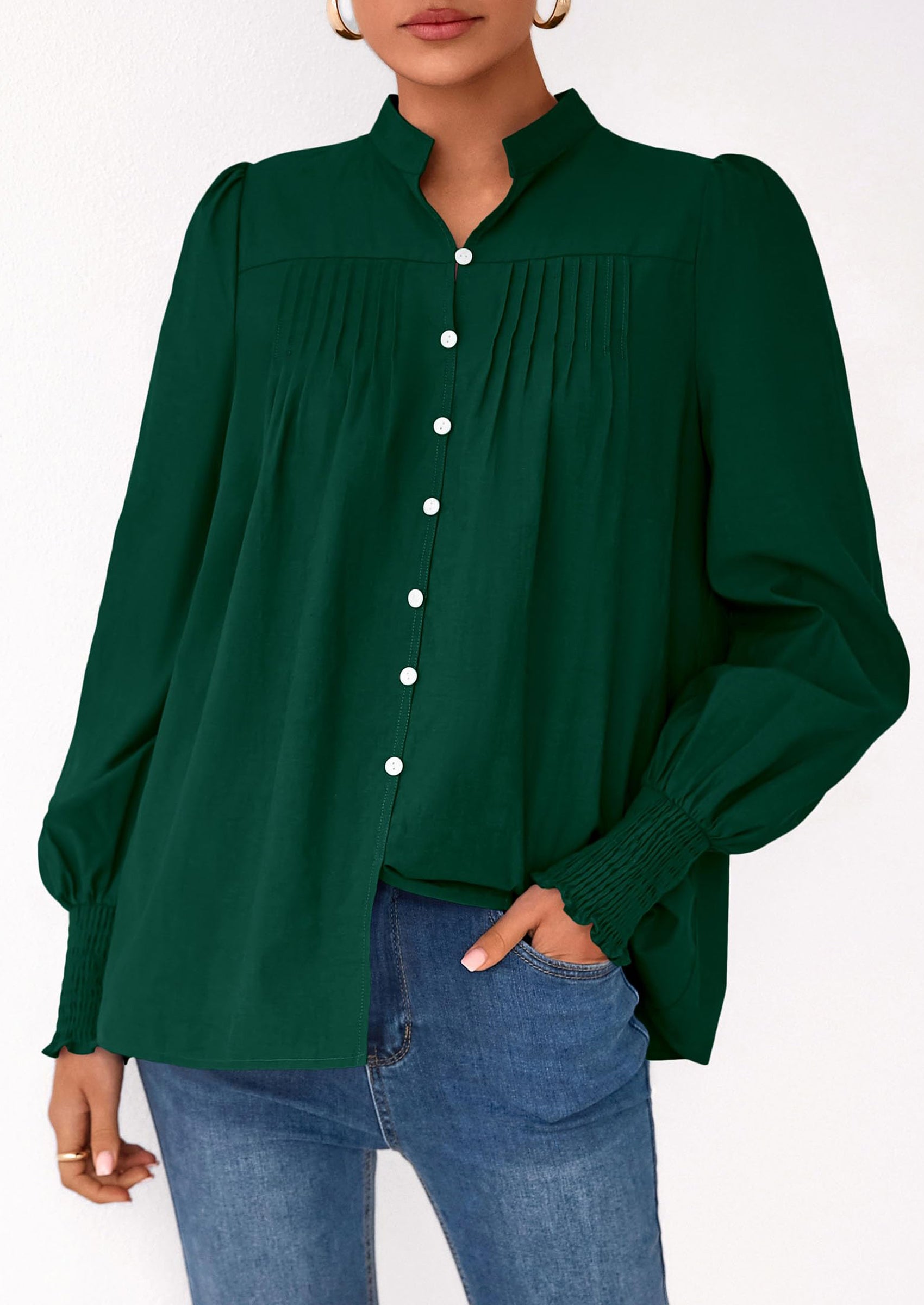 Womens Fall Lantern Long Sleeve Shirts Trendy Button V Neck Pleated Henley Tops Loose Work Blouses