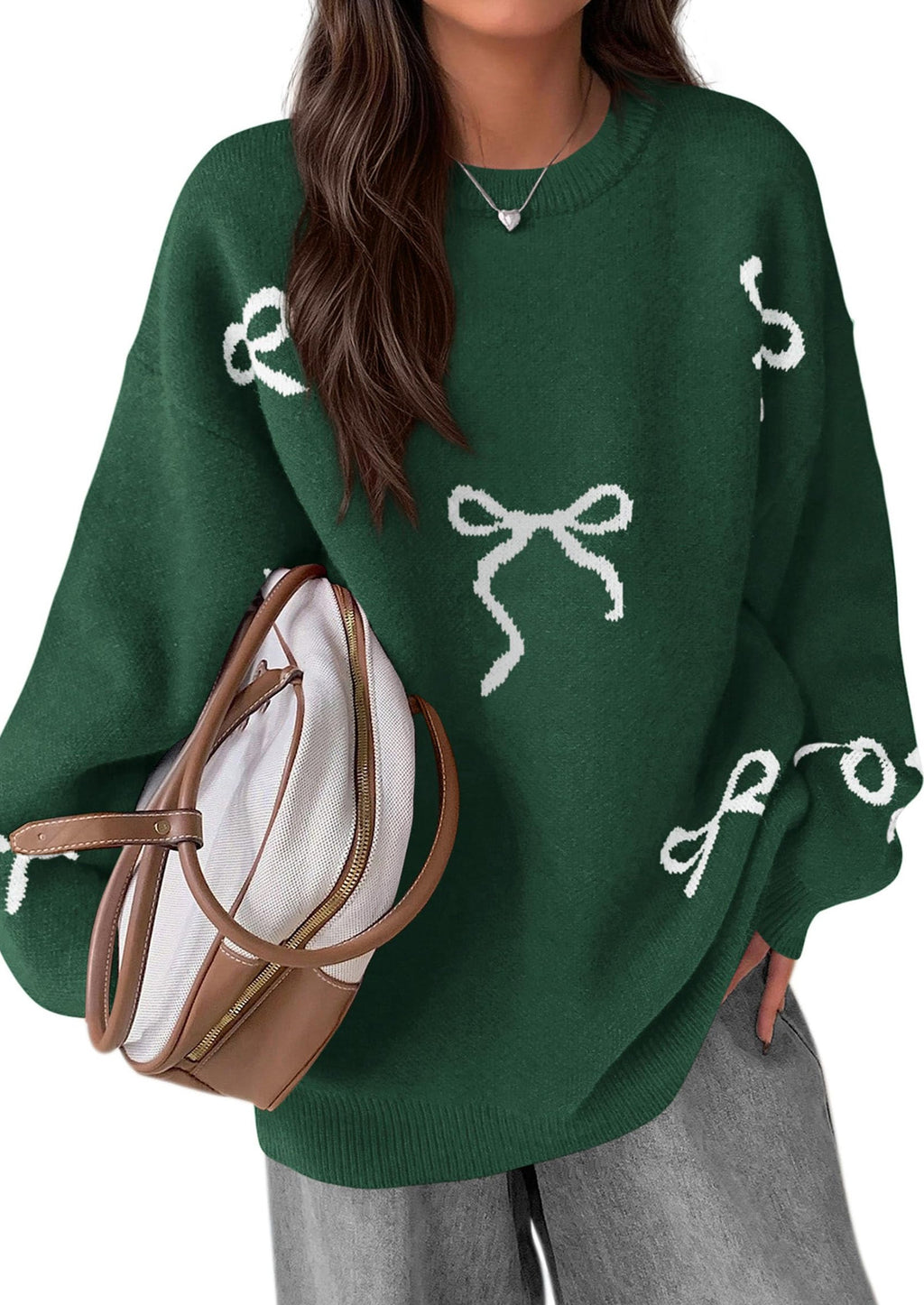 Fall Long Sleeve Pullover Sweaters for Women Trendy Crewneck Casual Cute Bow Chunky Knit Oversized Sweater
