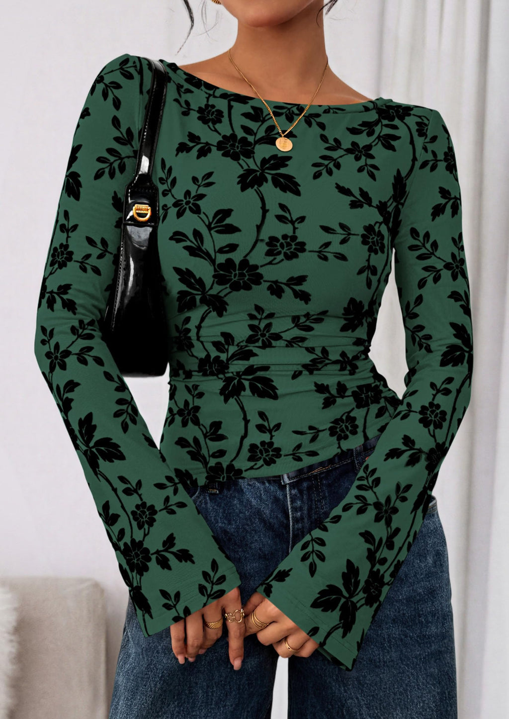 Women Long Sleeve Floral Mesh Tops Blouse  Fall Trendy Boat Neck Ruched Fitted Shirt Going Out Date Outfits