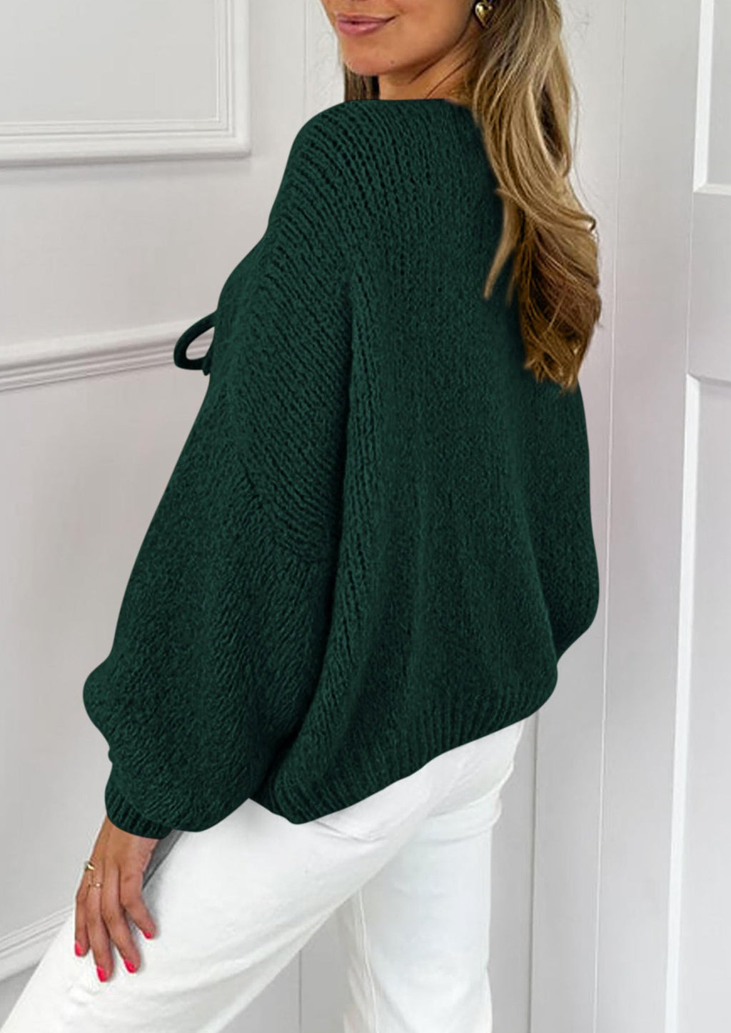 Women's Tie Front Bow Cardigan Sweaters Chunky Knit Long Puff Sleeve Trendy Fall Winter Jacket Coats