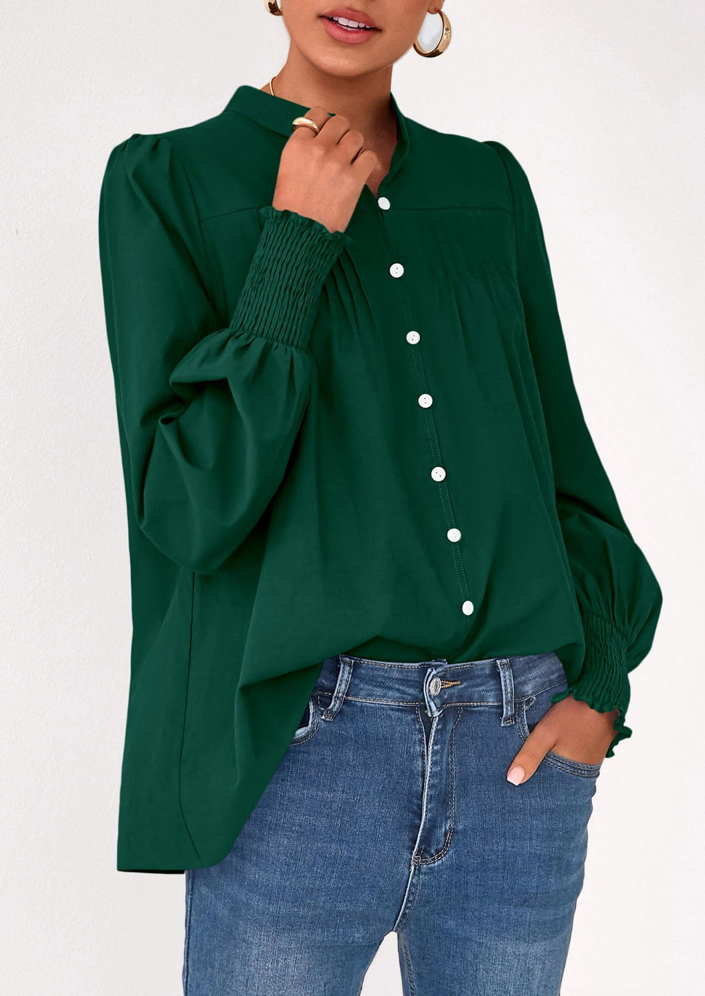 Womens Fall Lantern Long Sleeve Shirts Trendy Button V Neck Pleated Henley Tops Loose Work Blouses