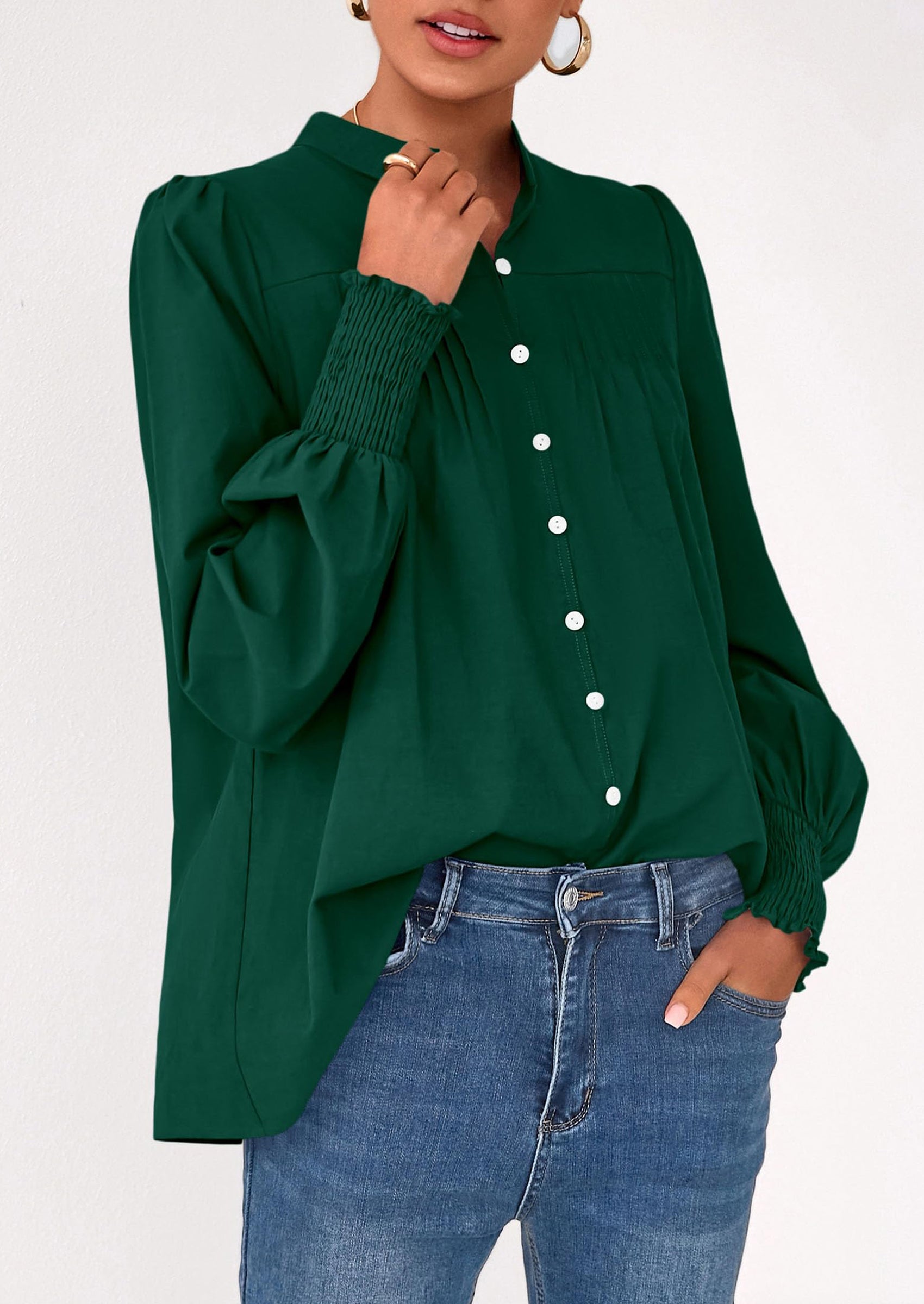 Womens Fall Lantern Long Sleeve Shirts Trendy Button V Neck Pleated Henley Tops Loose Work Blouses