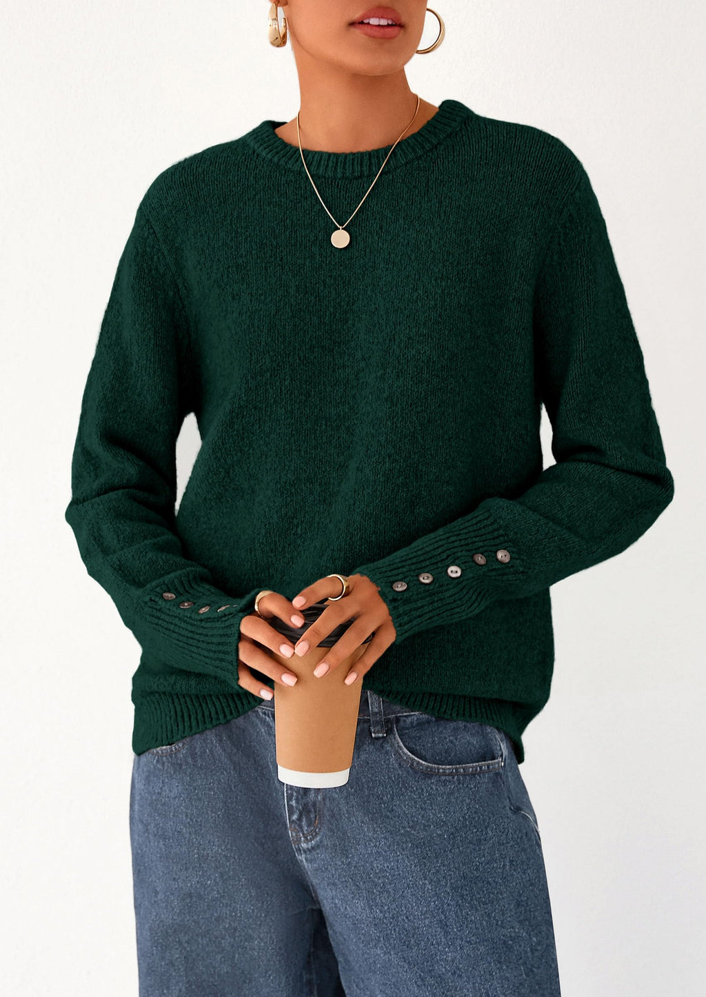 Womens Sweaters Fall Fashion Casual Crewneck Pullover Button Long Sleeve Cute Knit Tops Winter Clothes