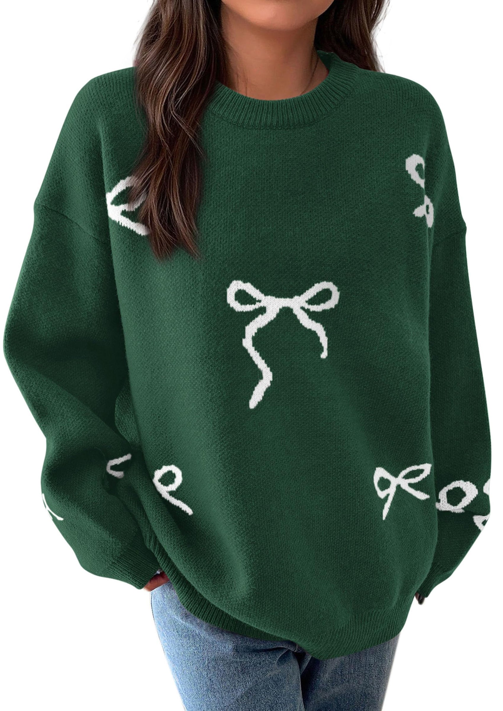 Fall Long Sleeve Pullover Sweaters for Women Trendy Crewneck Casual Cute Bow Chunky Knit Oversized Sweater