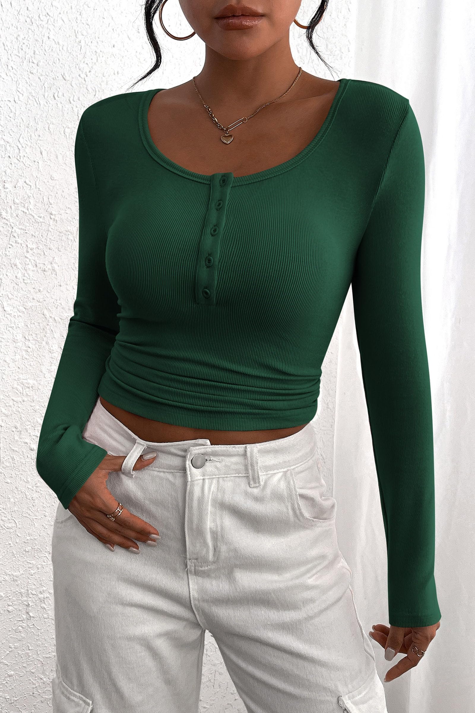 Women's Spring Fall Long Sleeve Henley T Shirts Button Ribbed Knit Slim Fit Casual Basic Tops Blouse