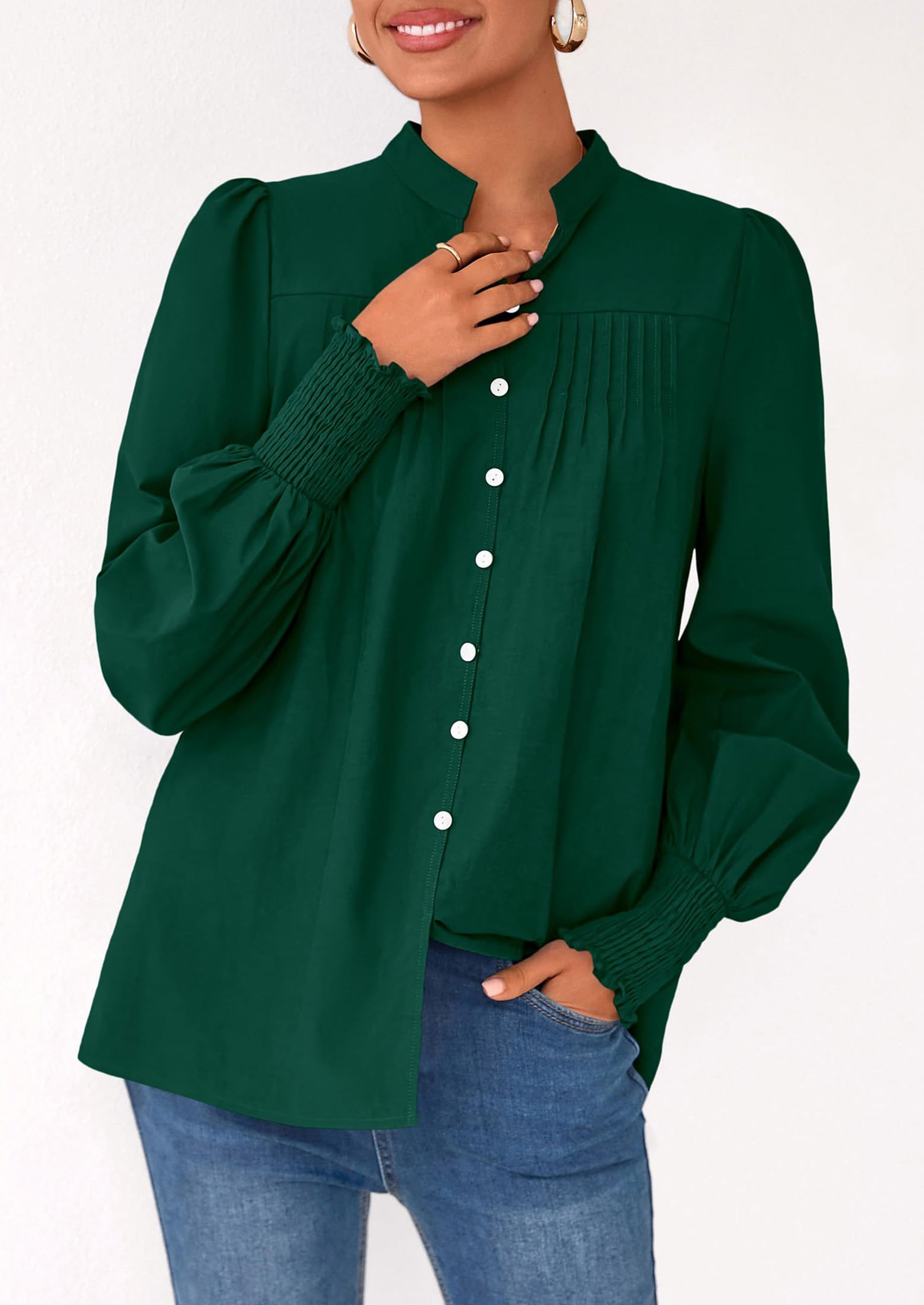 Womens Fall Lantern Long Sleeve Shirts Trendy Button V Neck Pleated Henley Tops Loose Work Blouses