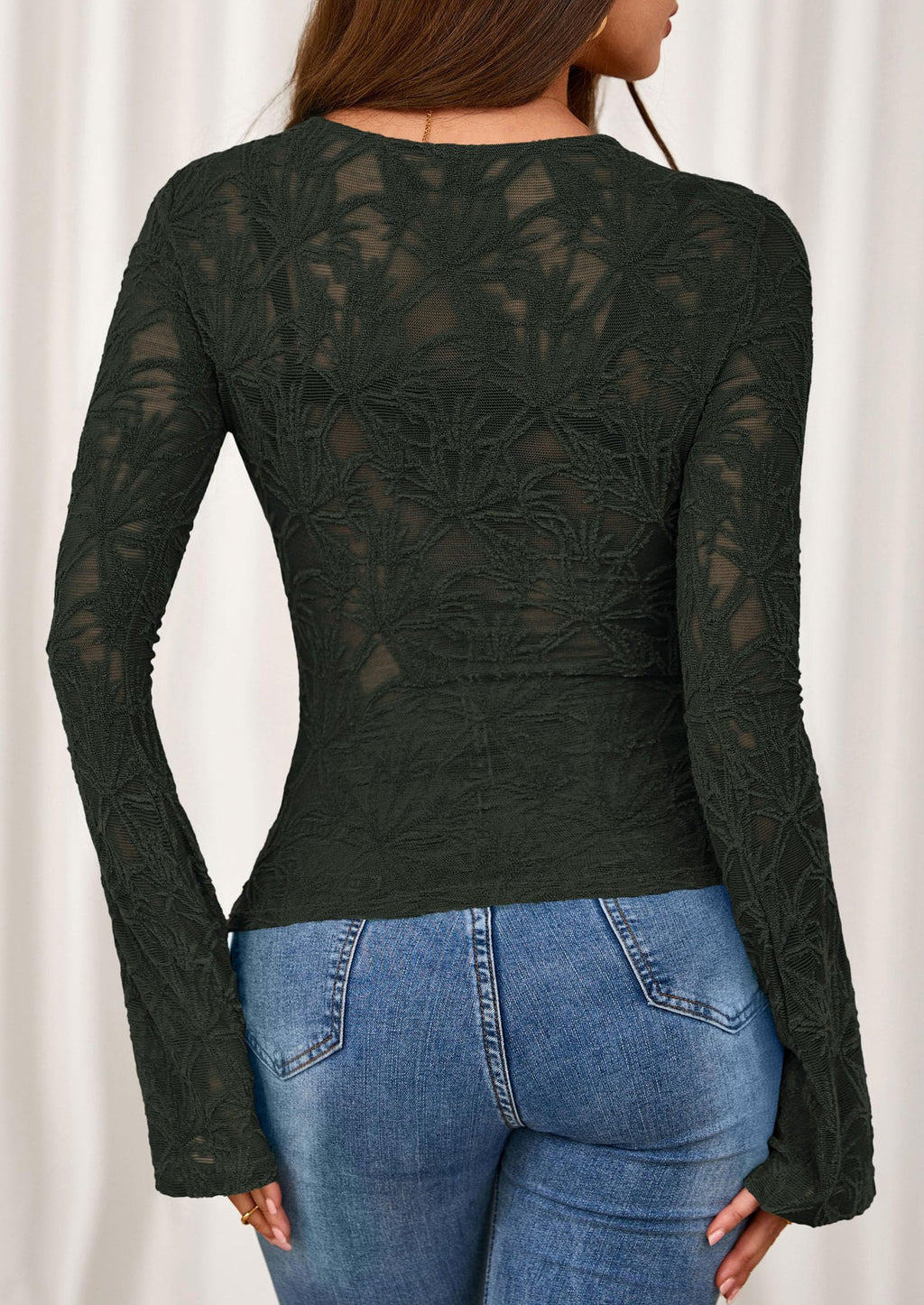 Womens Lace Long Bell Sleeve Tops Fall Sexy See Through Sheer Floral Blouse Shirt Fitted Going Out Outfits