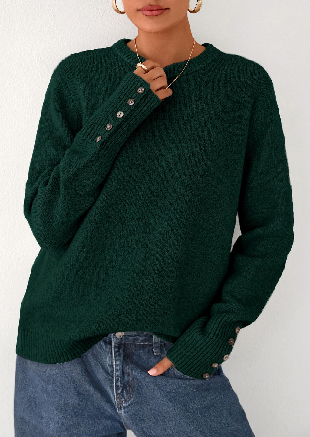 Womens Sweaters Fall Fashion Casual Crewneck Pullover Button Long Sleeve Cute Knit Tops Winter Clothes