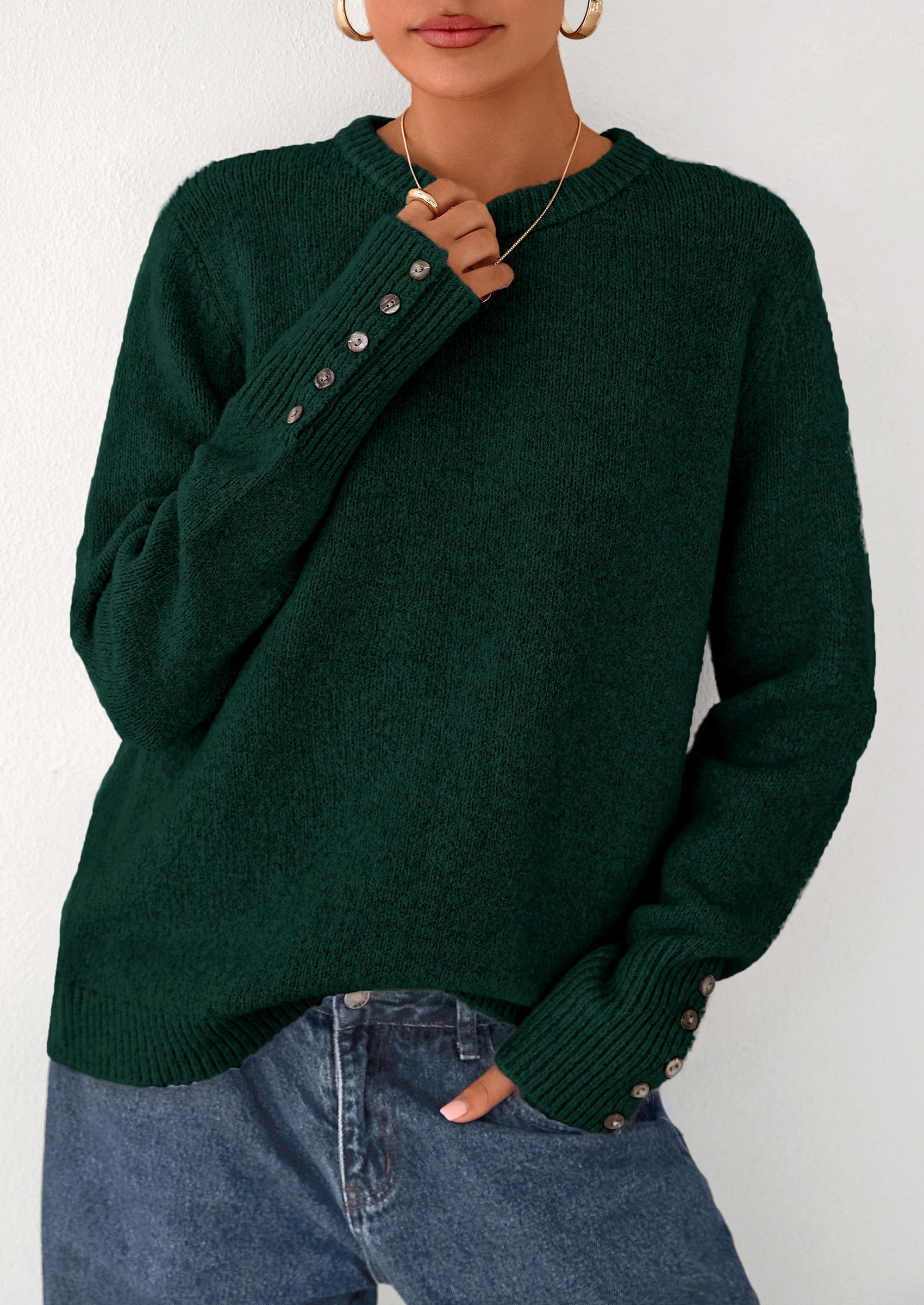 Womens Sweaters Fall Fashion Casual Crewneck Pullover Button Long Sleeve Cute Knit Tops Winter Clothes