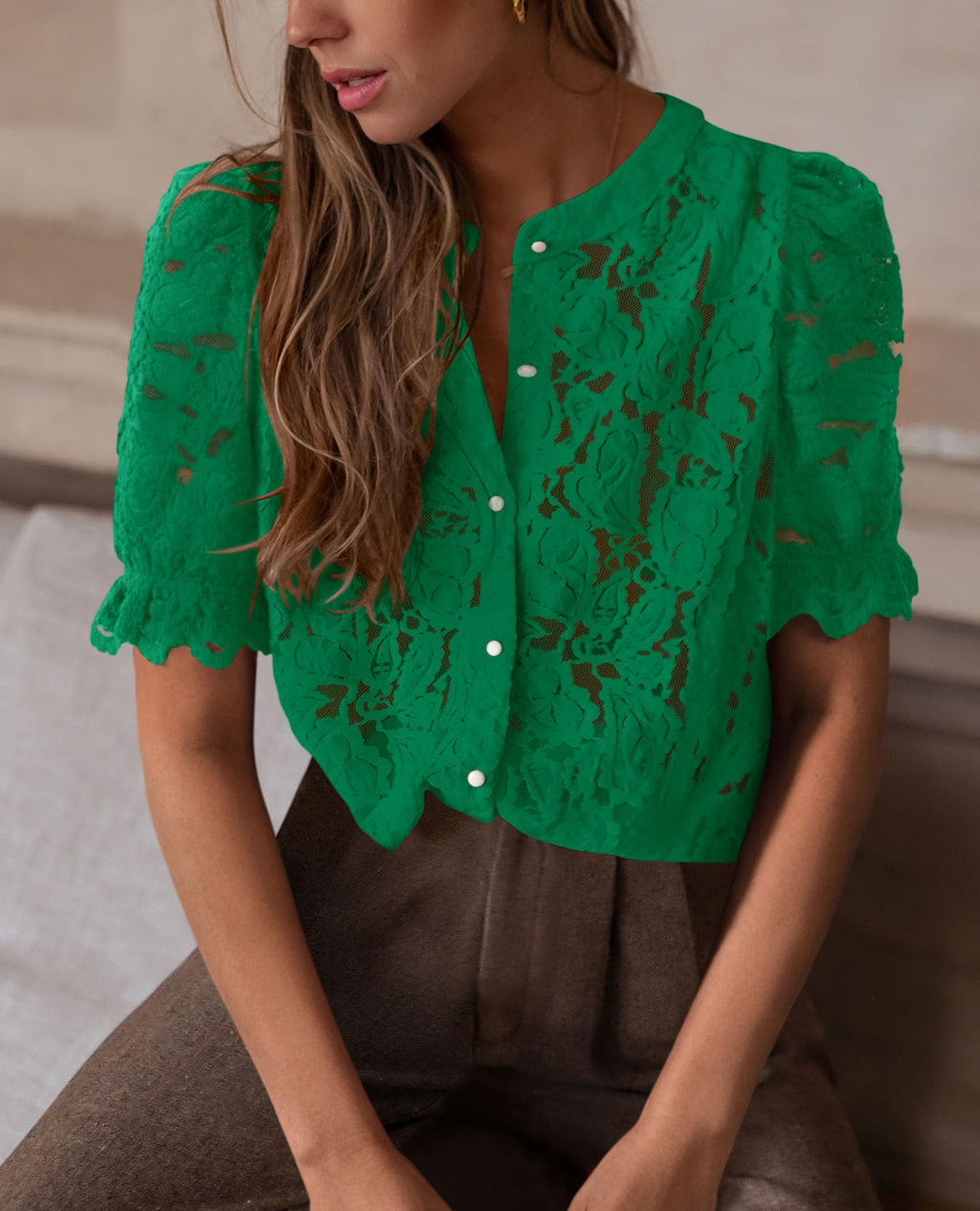 Womens Spring Lace Tops Short Puff Sleeve Casual Dressy Blouses Eyelet Crew Neck Button Down Shirts