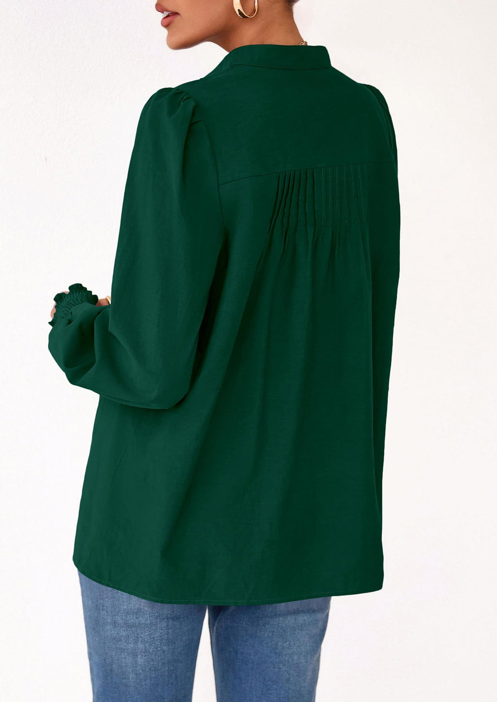 Womens Fall Lantern Long Sleeve Shirts Trendy Button V Neck Pleated Henley Tops Loose Work Blouses