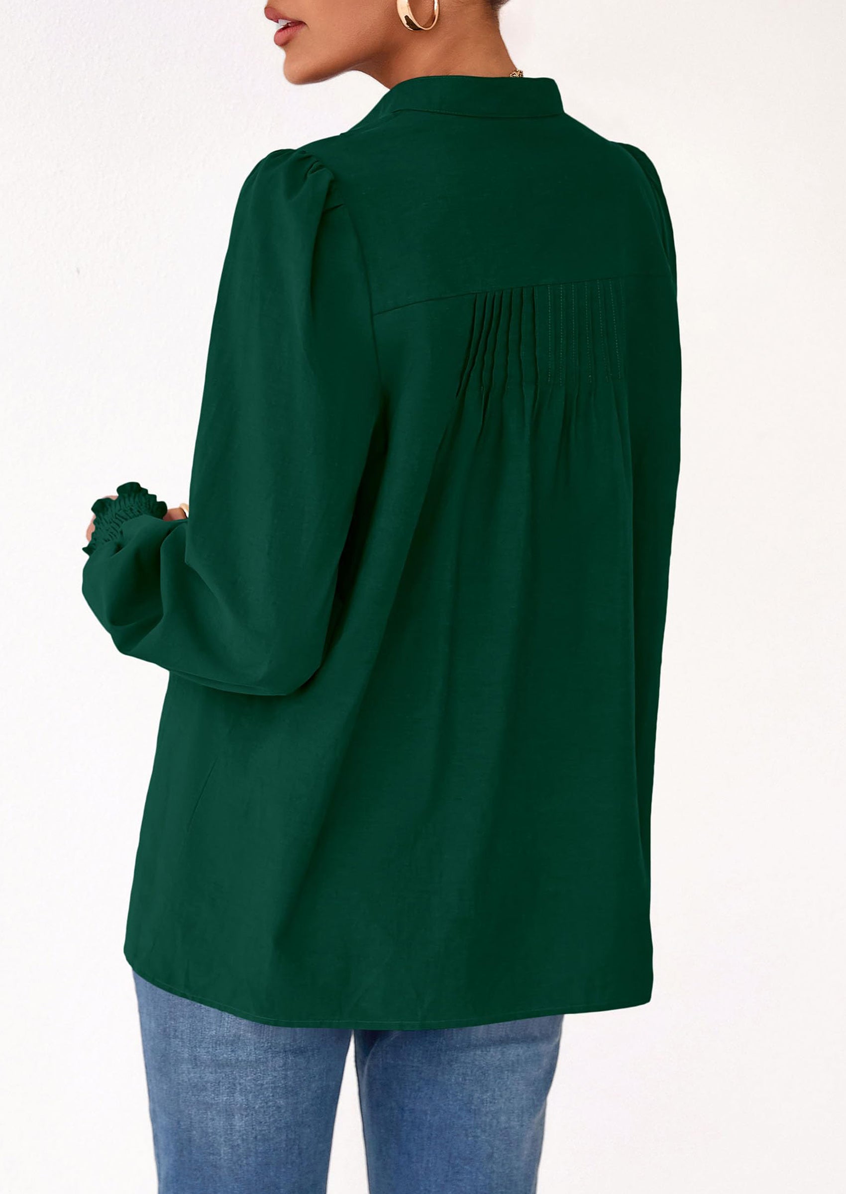 Womens Fall Lantern Long Sleeve Shirts Trendy Button V Neck Pleated Henley Tops Loose Work Blouses