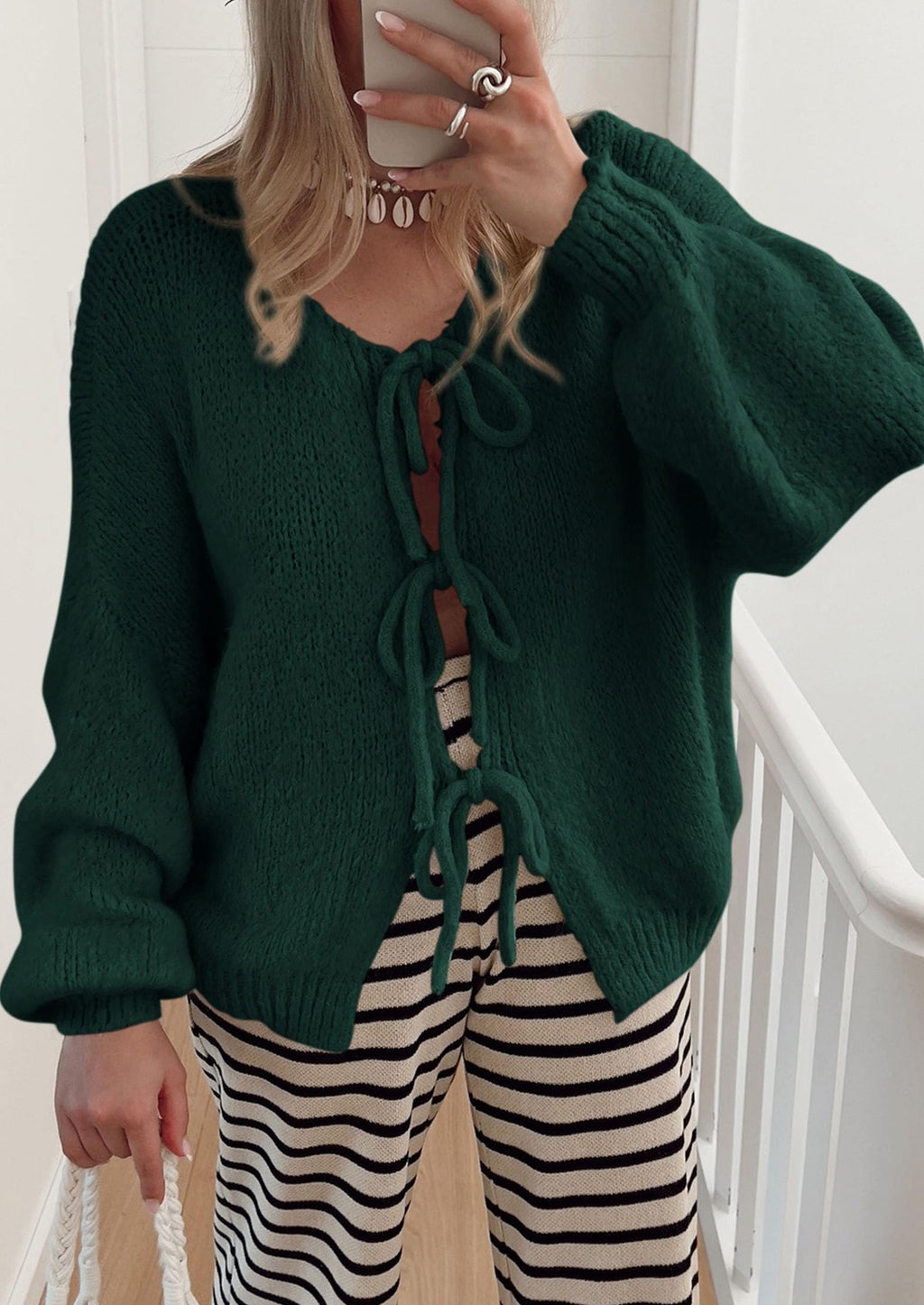 Women's Tie Front Bow Cardigan Sweaters Chunky Knit Long Puff Sleeve Trendy Fall Winter Jacket Coats