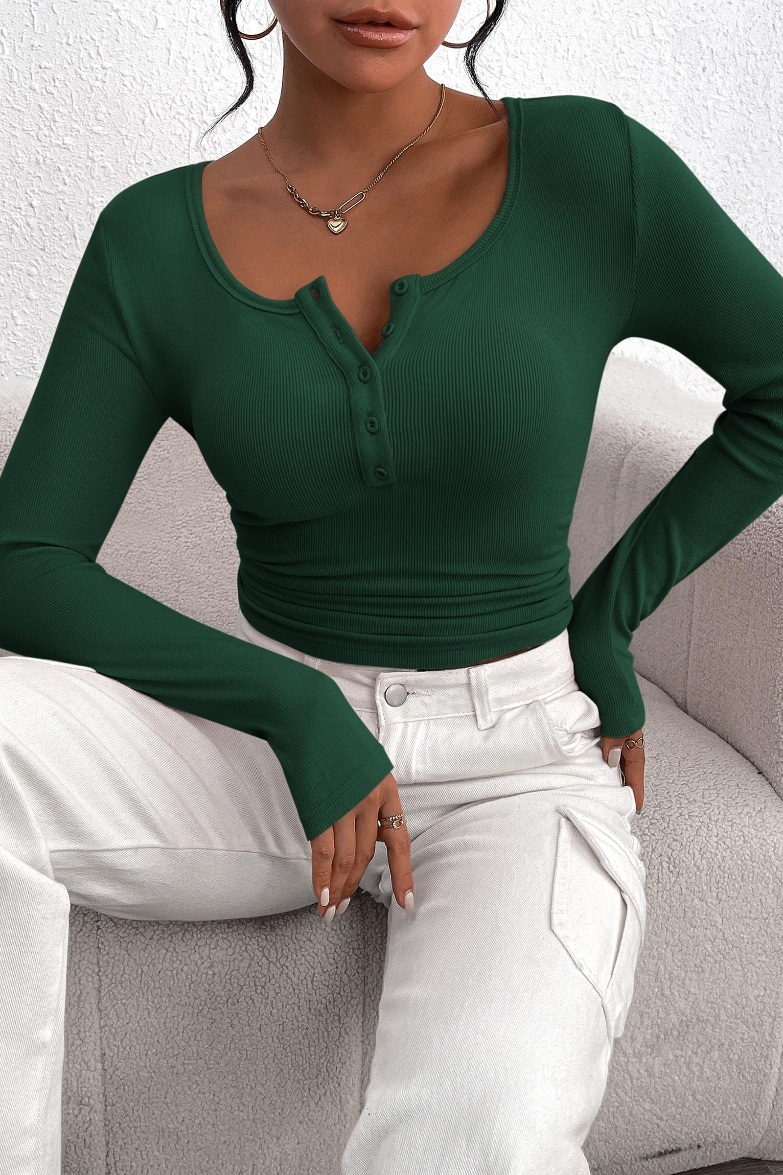 Women's Spring Fall Long Sleeve Henley T Shirts Button Ribbed Knit Slim Fit Casual Basic Tops Blouse