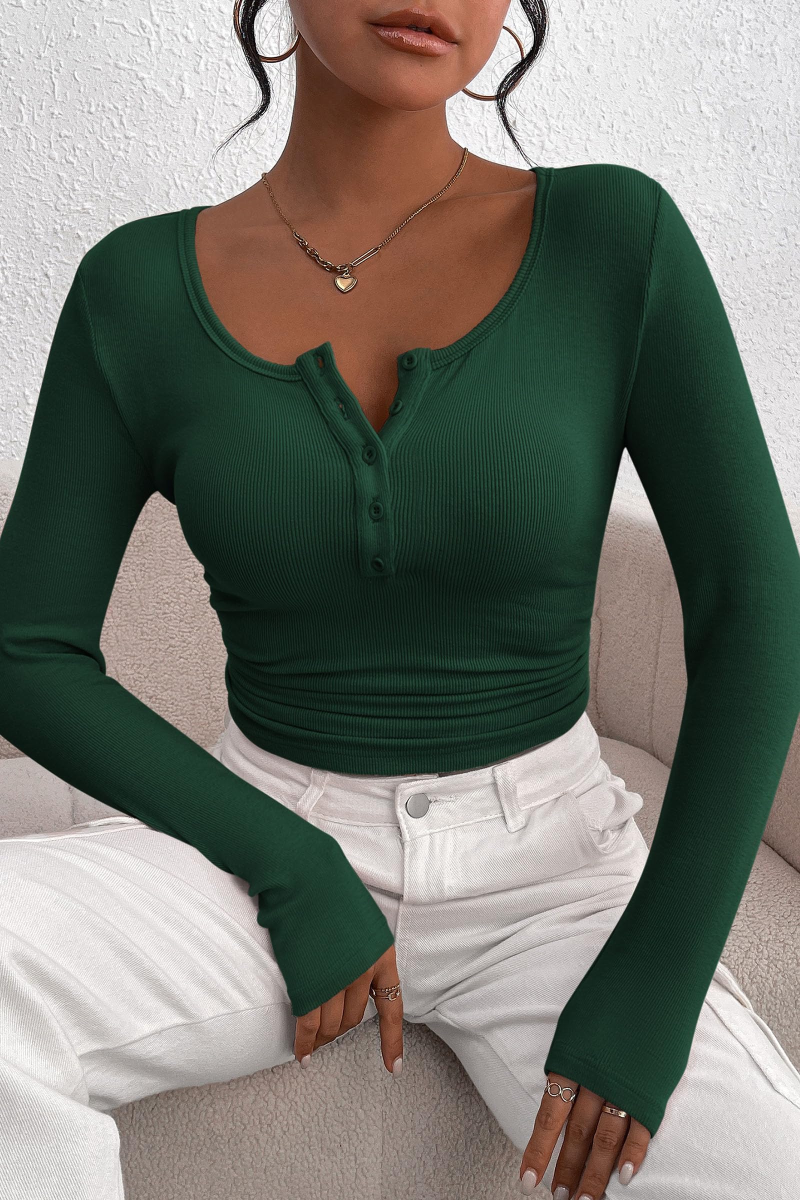 Women's Spring Fall Long Sleeve Henley T Shirts Button Ribbed Knit Slim Fit Casual Basic Tops Blouse