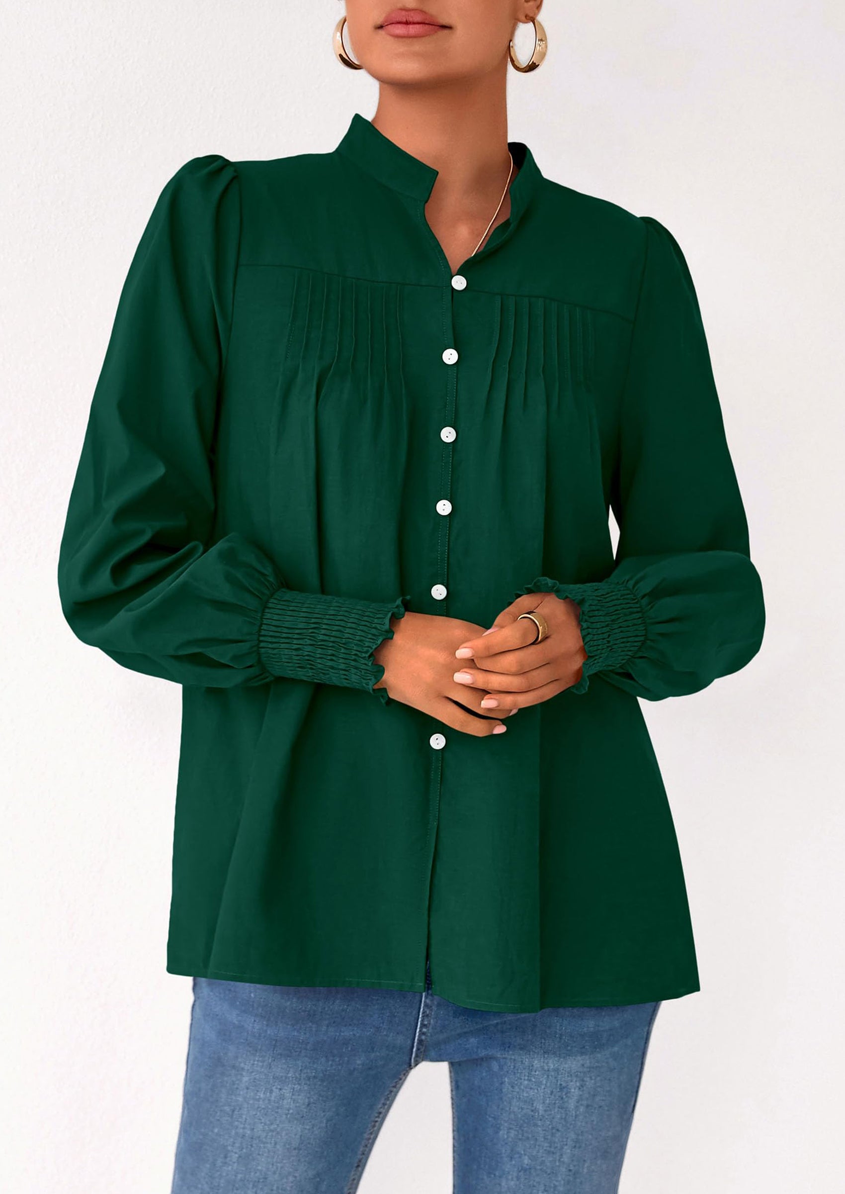 Womens Fall Lantern Long Sleeve Shirts Trendy Button V Neck Pleated Henley Tops Loose Work Blouses