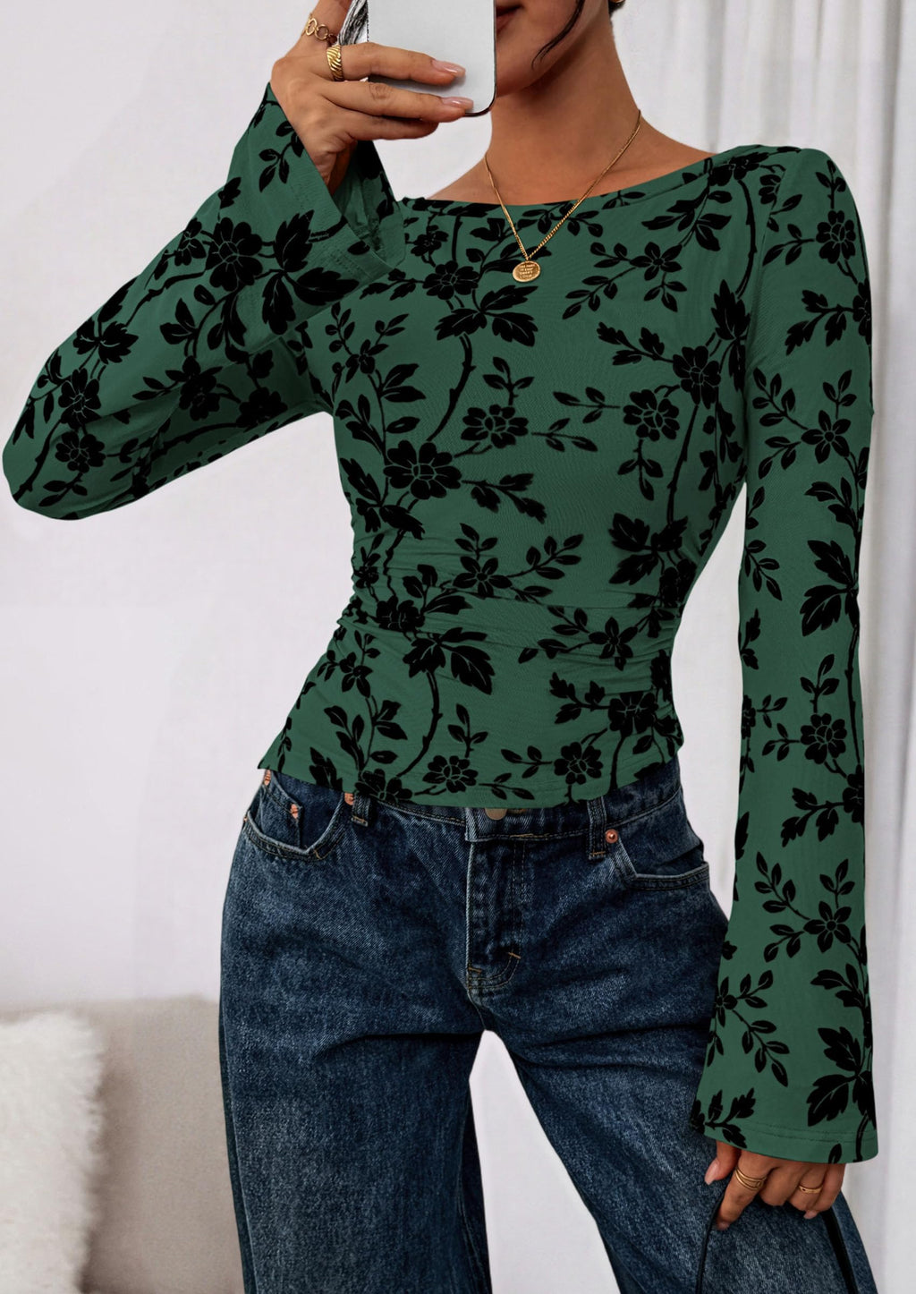 Women Long Sleeve Floral Mesh Tops Blouse  Fall Trendy Boat Neck Ruched Fitted Shirt Going Out Date Outfits