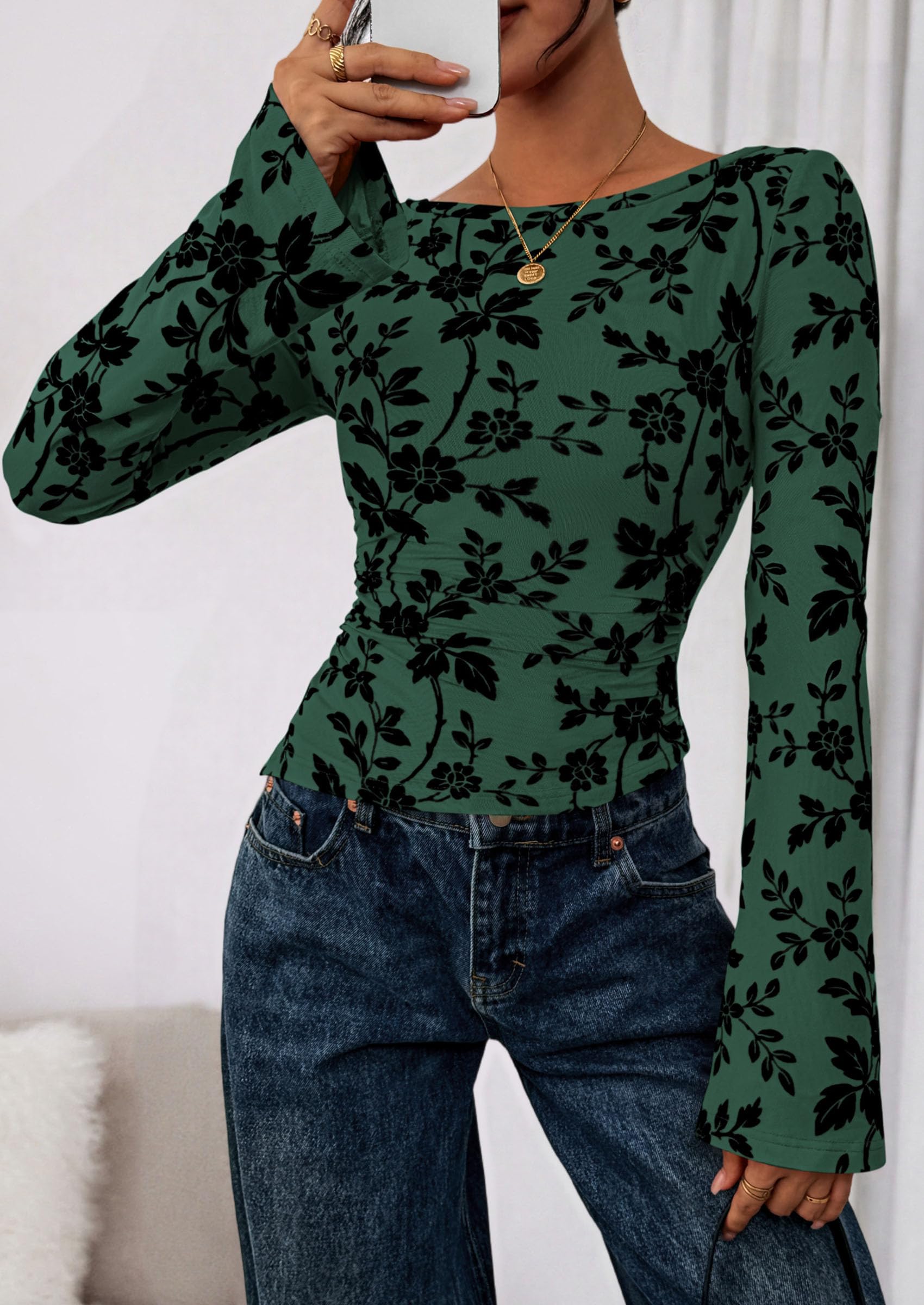 Women Long Sleeve Floral Mesh Tops Blouse  Fall Trendy Boat Neck Ruched Fitted Shirt Going Out Date Outfits