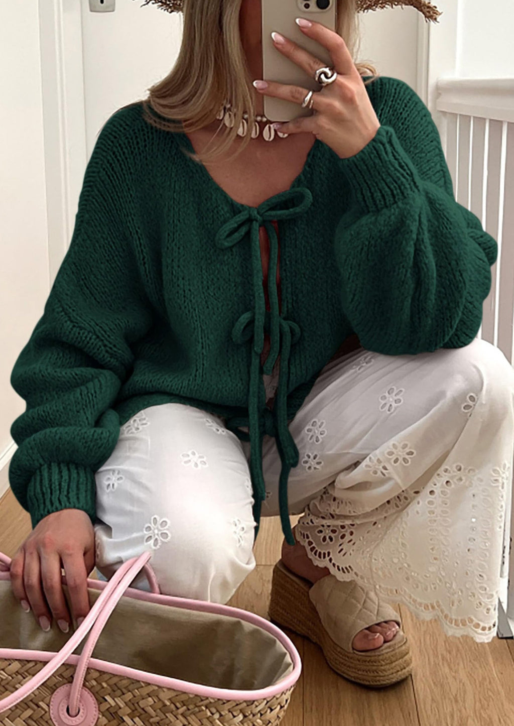 Women's Tie Front Bow Cardigan Sweaters Chunky Knit Long Puff Sleeve Trendy Fall Winter Jacket Coats