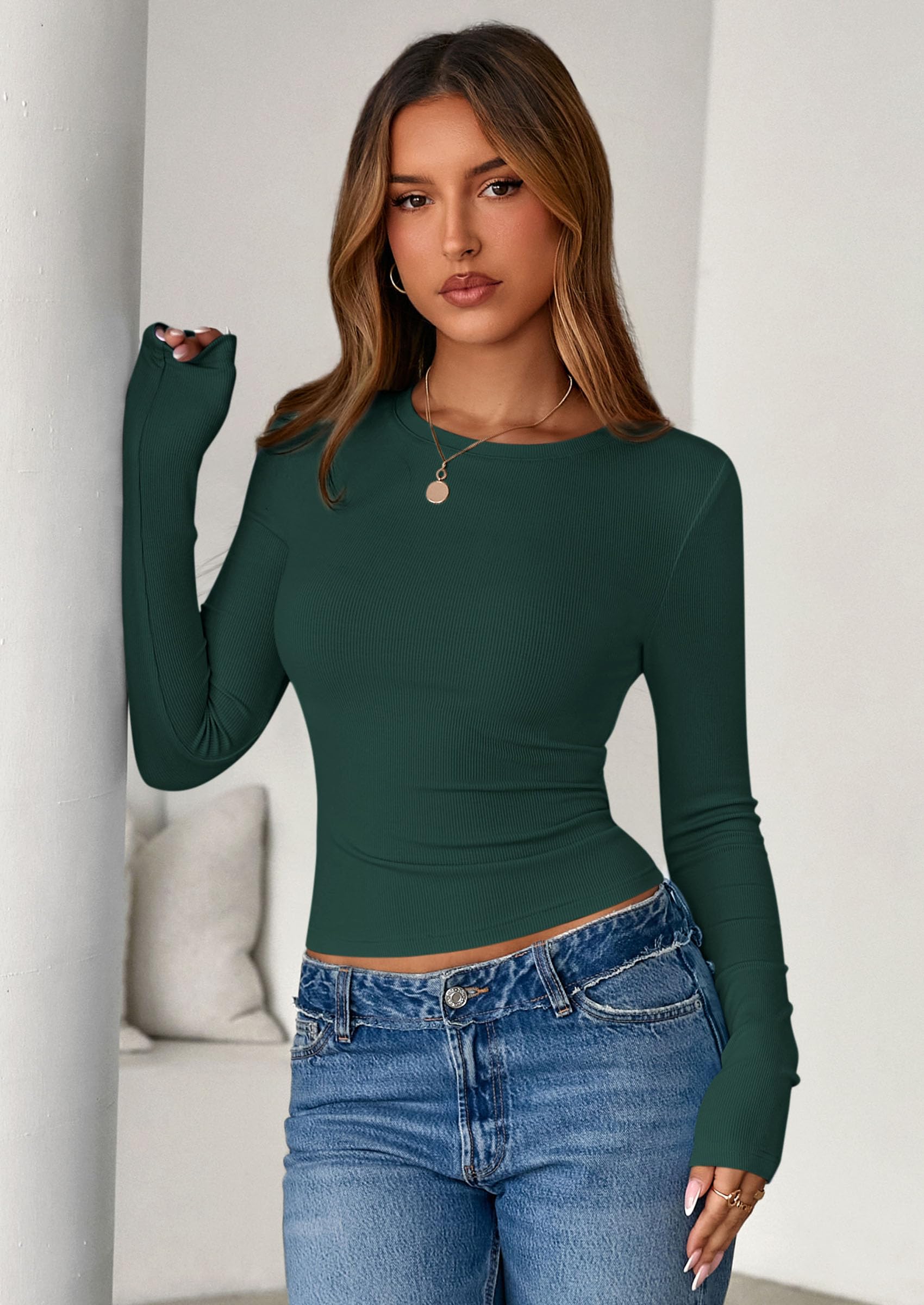 Womens Summer Fall Long Sleeve Shirts Ribbed Knit Fitted Basic Tee Going Out Tops Underscrub Casual Outfits