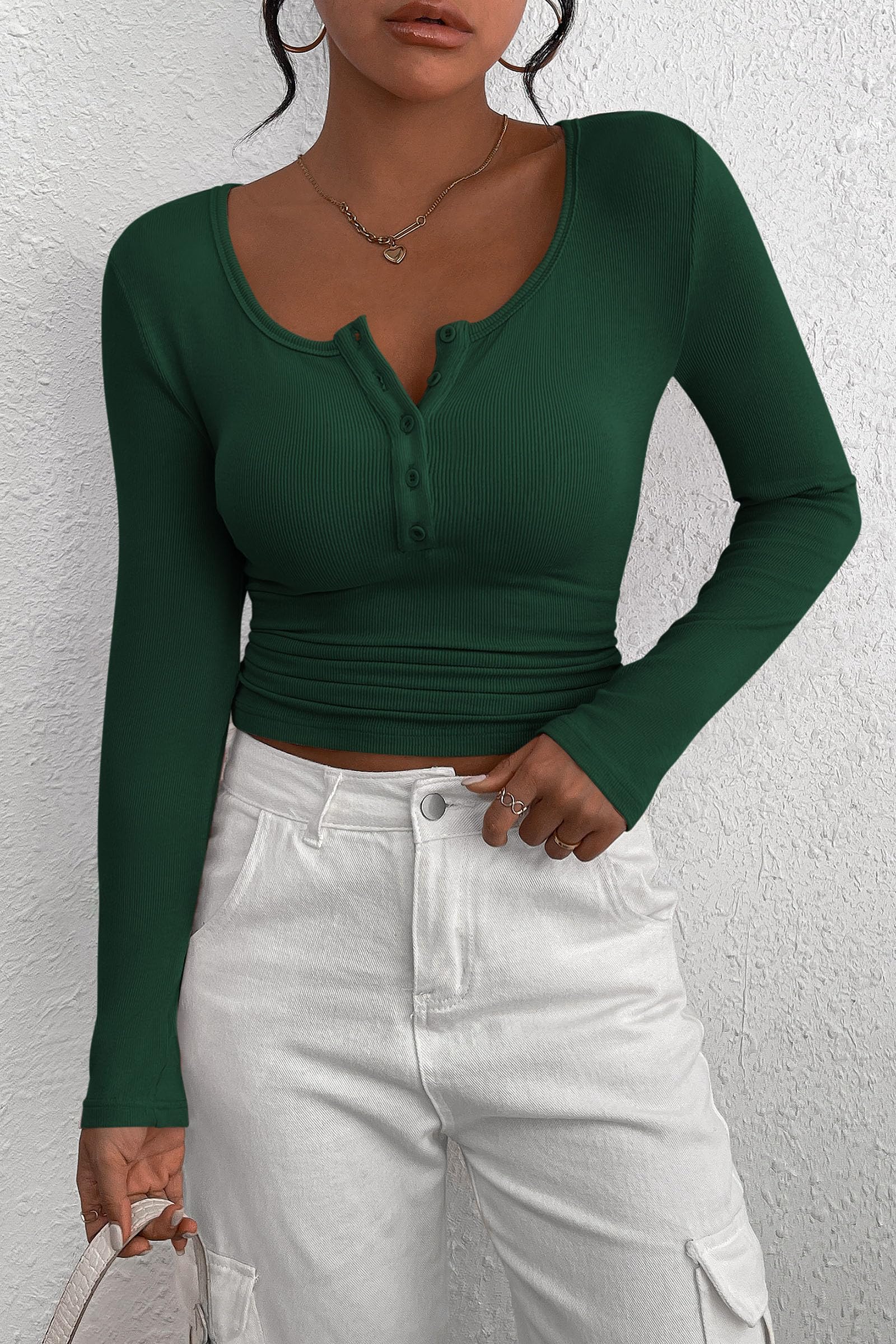 Women's Spring Fall Long Sleeve Henley T Shirts Button Ribbed Knit Slim Fit Casual Basic Tops Blouse