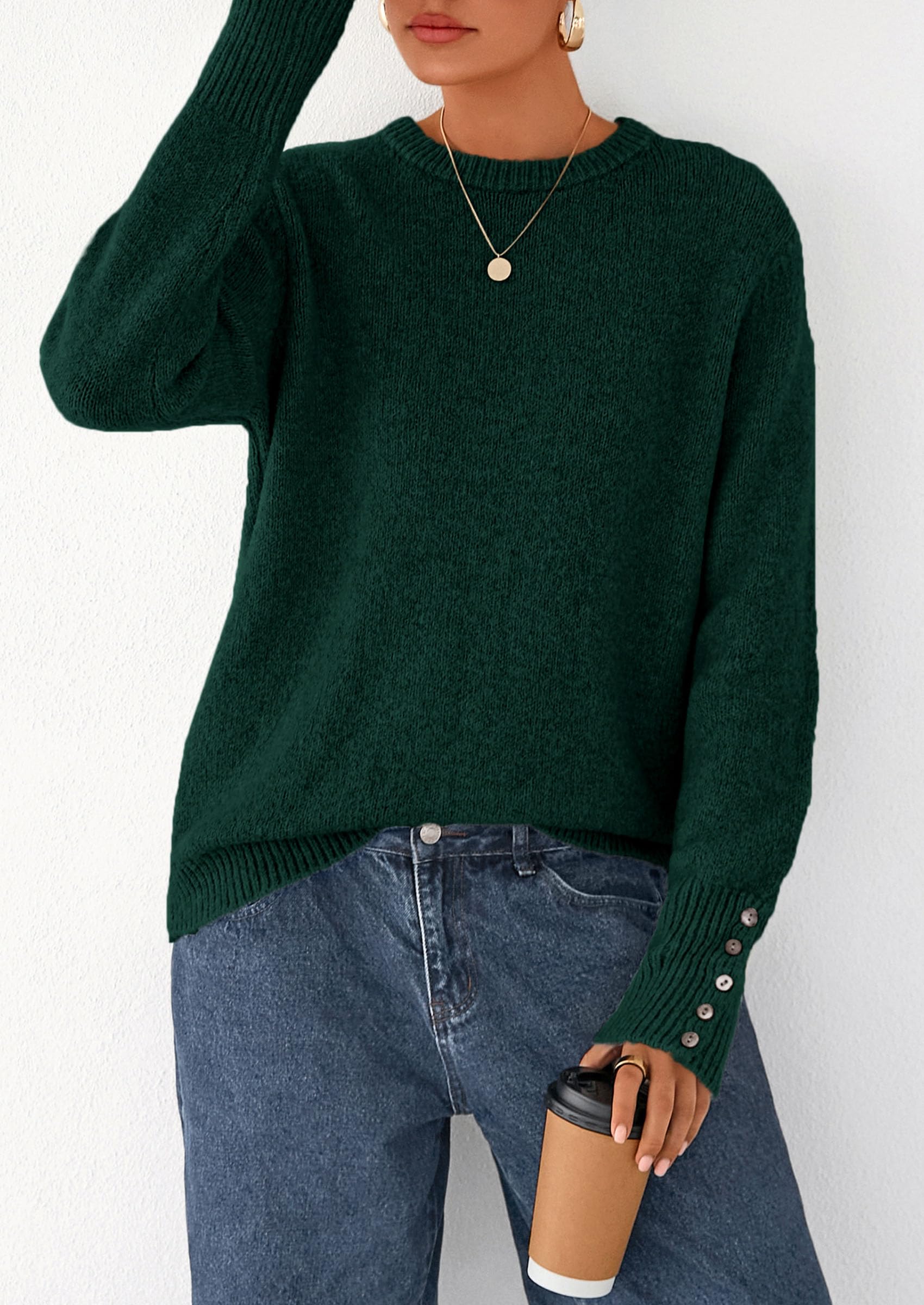 Womens Sweaters Fall Fashion Casual Crewneck Pullover Button Long Sleeve Cute Knit Tops Winter Clothes