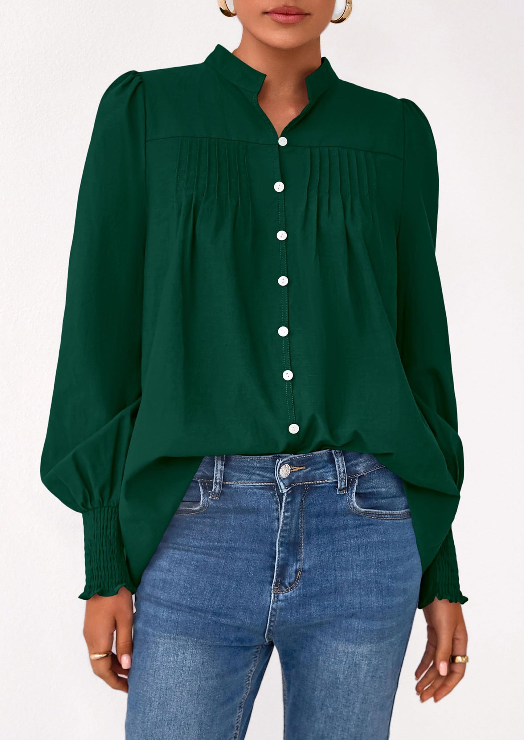 Womens Fall Lantern Long Sleeve Shirts Trendy Button V Neck Pleated Henley Tops Loose Work Blouses