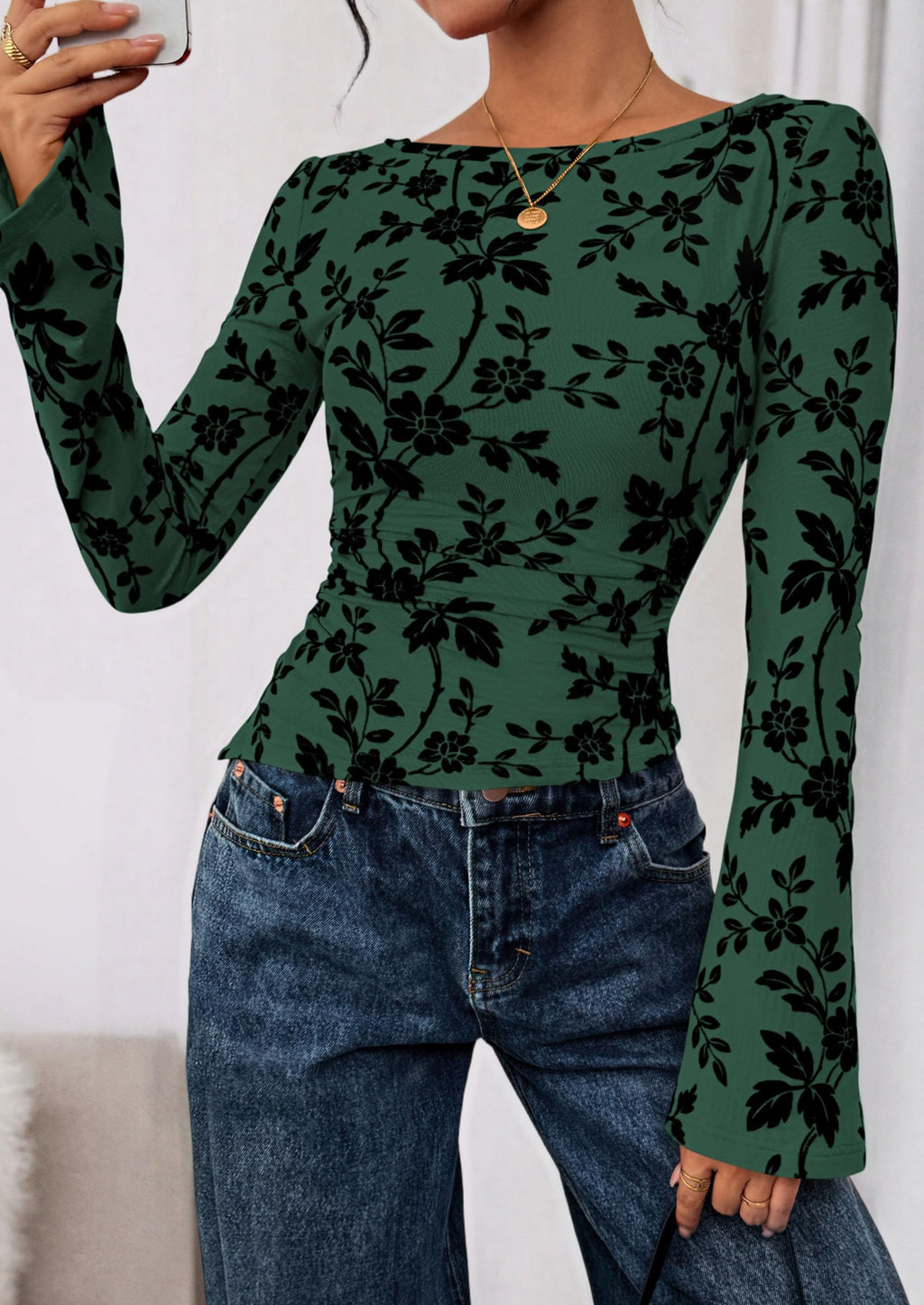 Women Long Sleeve Floral Mesh Tops Blouse  Fall Trendy Boat Neck Ruched Fitted Shirt Going Out Date Outfits