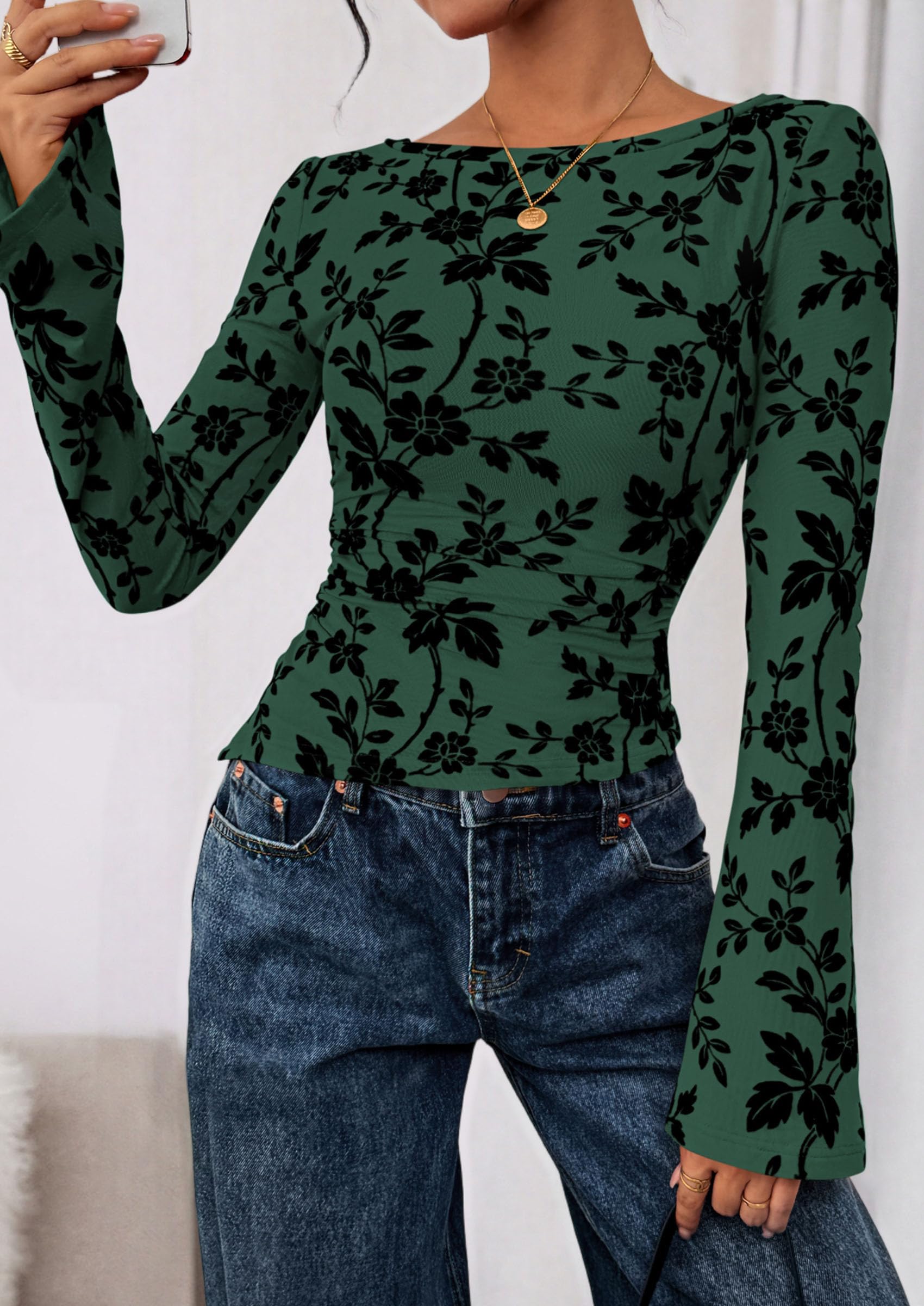Women Long Sleeve Floral Mesh Tops Blouse  Fall Trendy Boat Neck Ruched Fitted Shirt Going Out Date Outfits