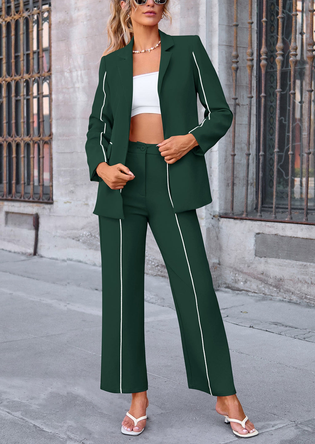 2 Piece Blazer Outfits Business Casual Oversized Jacket Wide Leg Work Pants Dressy Suit Set