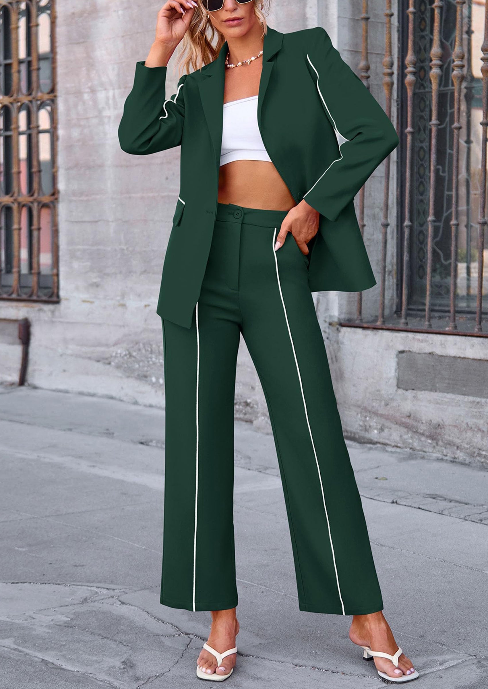 2 Piece Blazer Outfits Business Casual Oversized Jacket Wide Leg Work Pants Dressy Suit Set