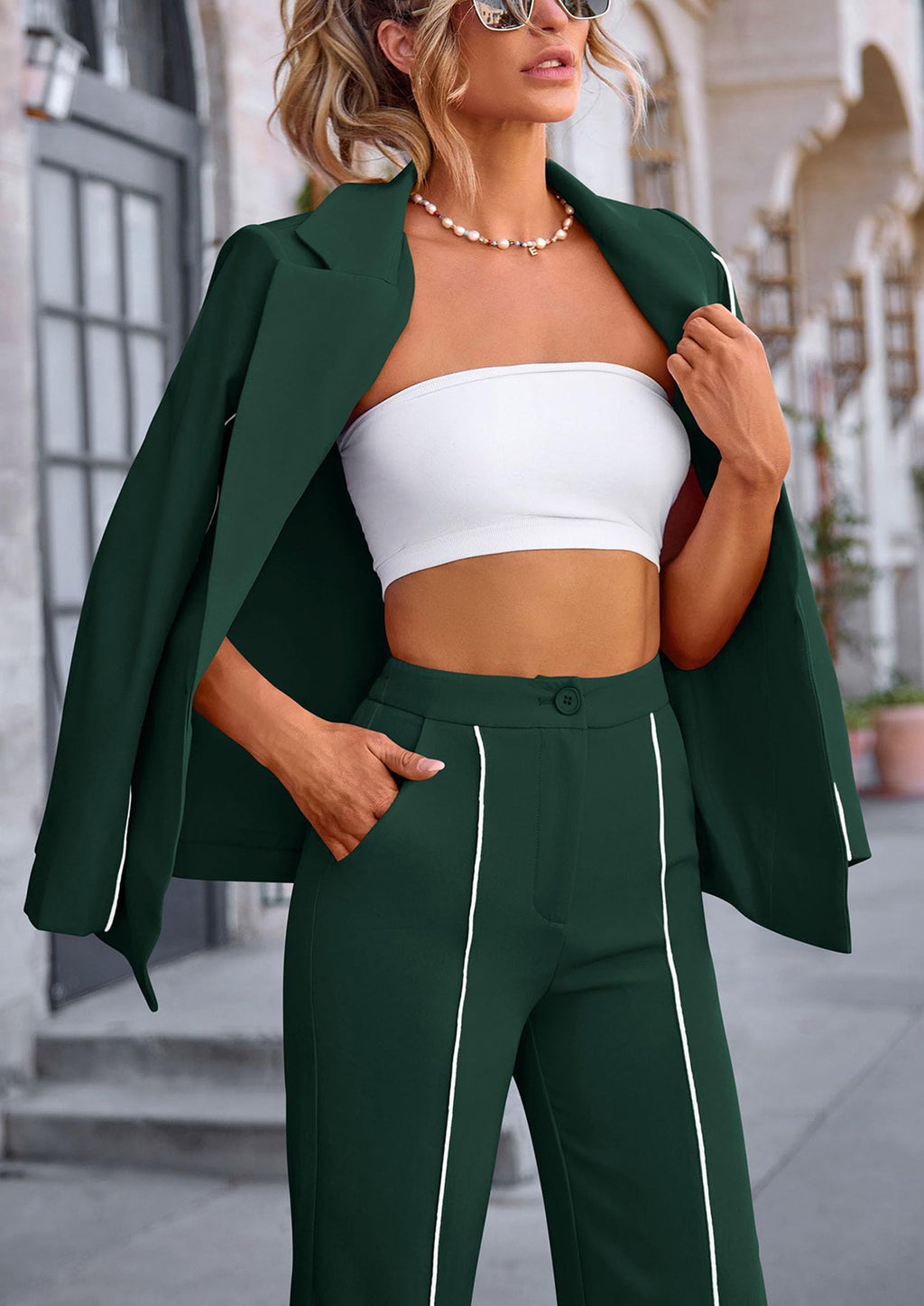 2 Piece Blazer Outfits Business Casual Oversized Jacket Wide Leg Work Pants Dressy Suit Set