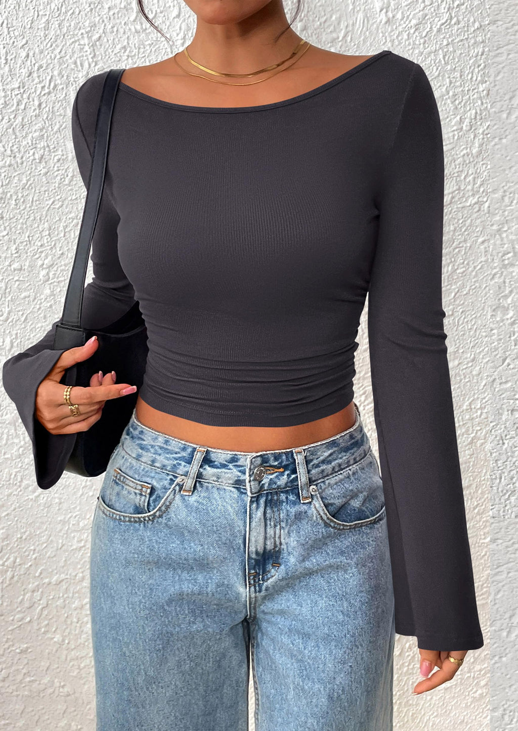 Women's Long Sleeve Shirts Fall Going Out Tops Casual Boat Neck Bell Sleeve Ribbed Ruched Y2K Clothes