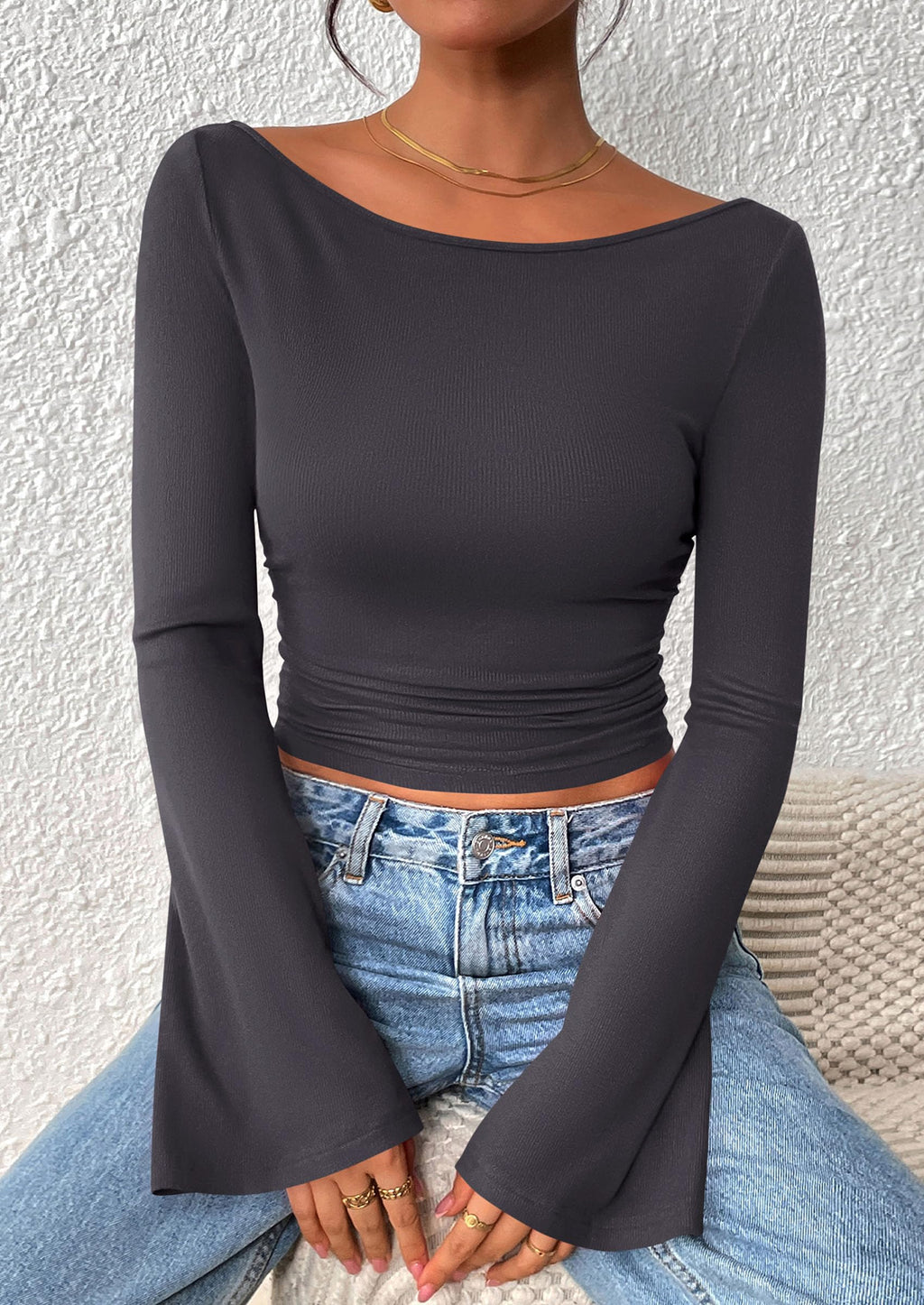 Women's Long Sleeve Shirts Fall Going Out Tops Casual Boat Neck Bell Sleeve Ribbed Ruched Y2K Clothes