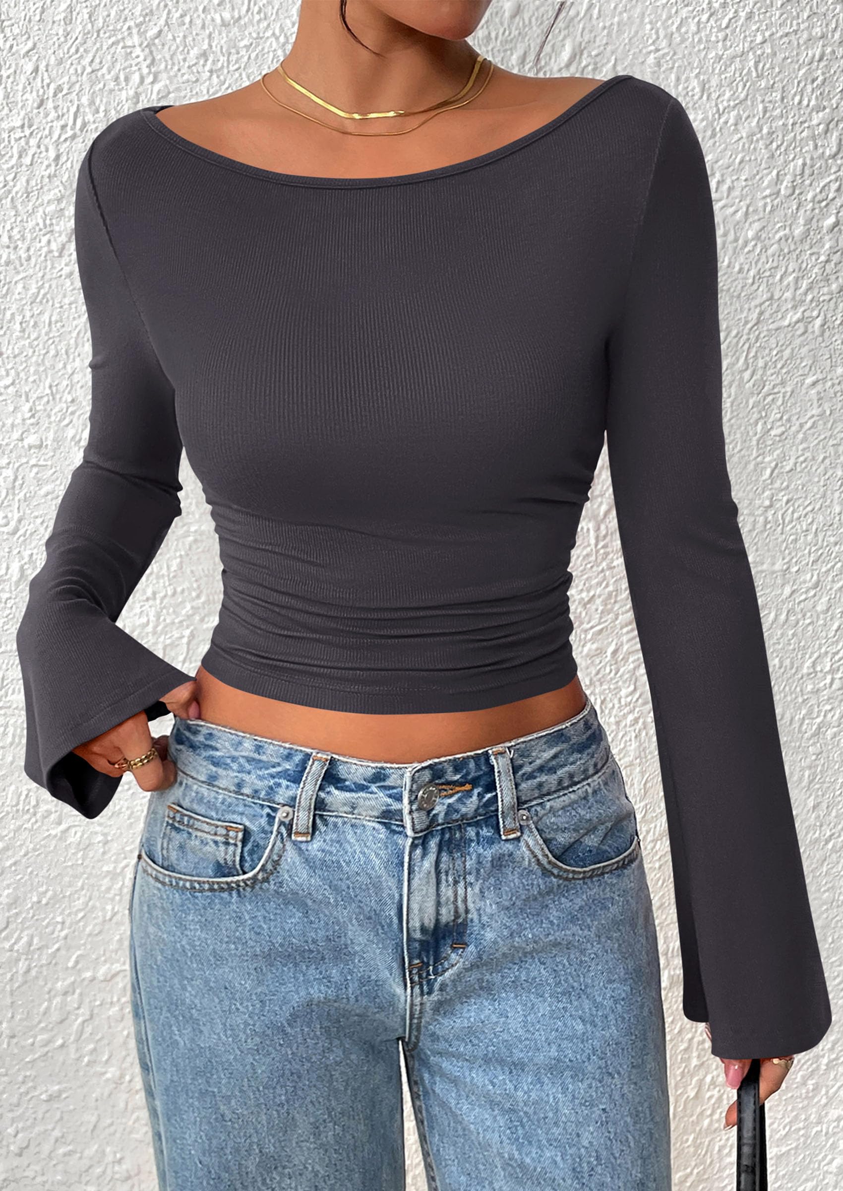 Women's Long Sleeve Shirts Fall Going Out Tops Casual Boat Neck Bell Sleeve Ribbed Ruched Y2K Clothes