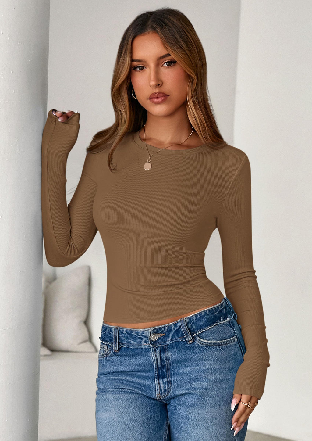 Womens Summer Fall Long Sleeve Shirts Ribbed Knit Fitted Basic Tee Going Out Tops Underscrub Casual Outfits