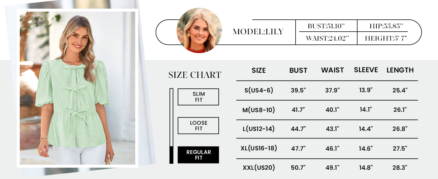 Women's Tie Front Striped Shirt Summer Trendy Fashion Cute Babydoll Tops Peplum Puffy Sleeve Blouse