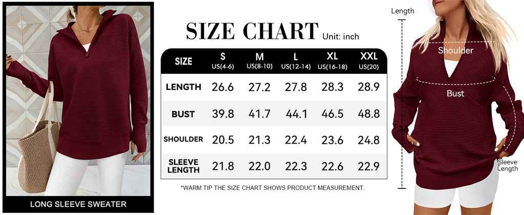 Womens Long Sleeve Quarter Zip Pullover Sweater Casual Loose V Neck Collared Ribbed Knit Jumper Tops Thumb Hole