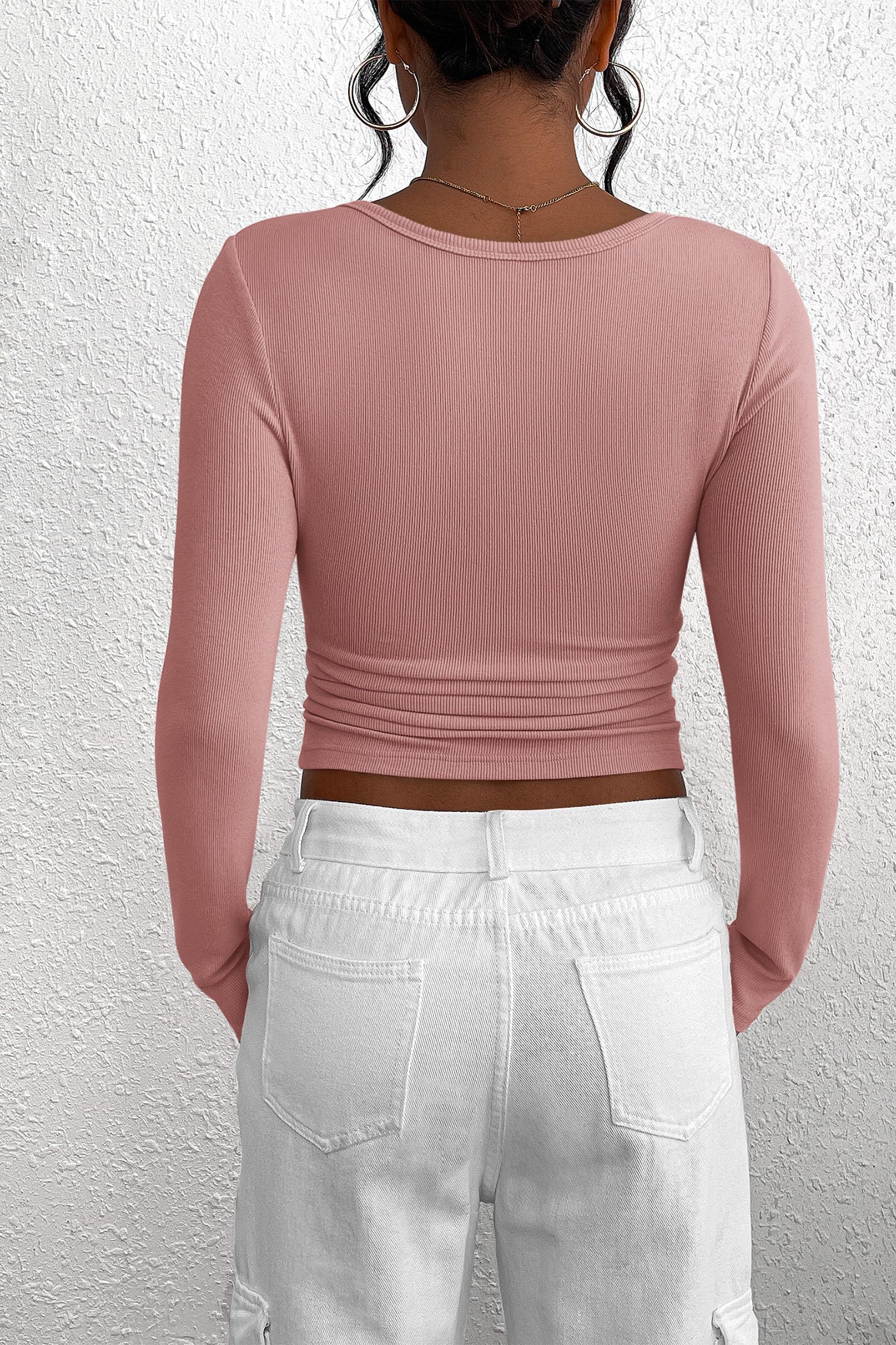 Women's Spring Fall Long Sleeve Henley T Shirts Button Ribbed Knit Slim Fit Casual Basic Tops Blouse