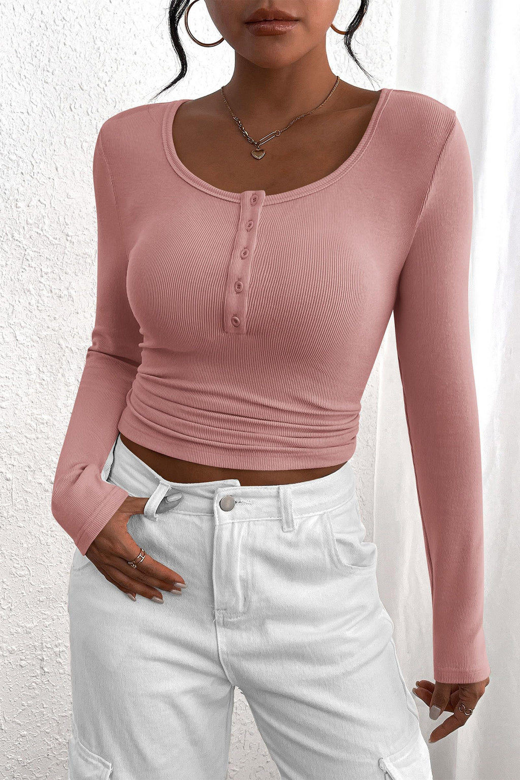 Women's Spring Fall Long Sleeve Henley T Shirts Button Ribbed Knit Slim Fit Casual Basic Tops Blouse