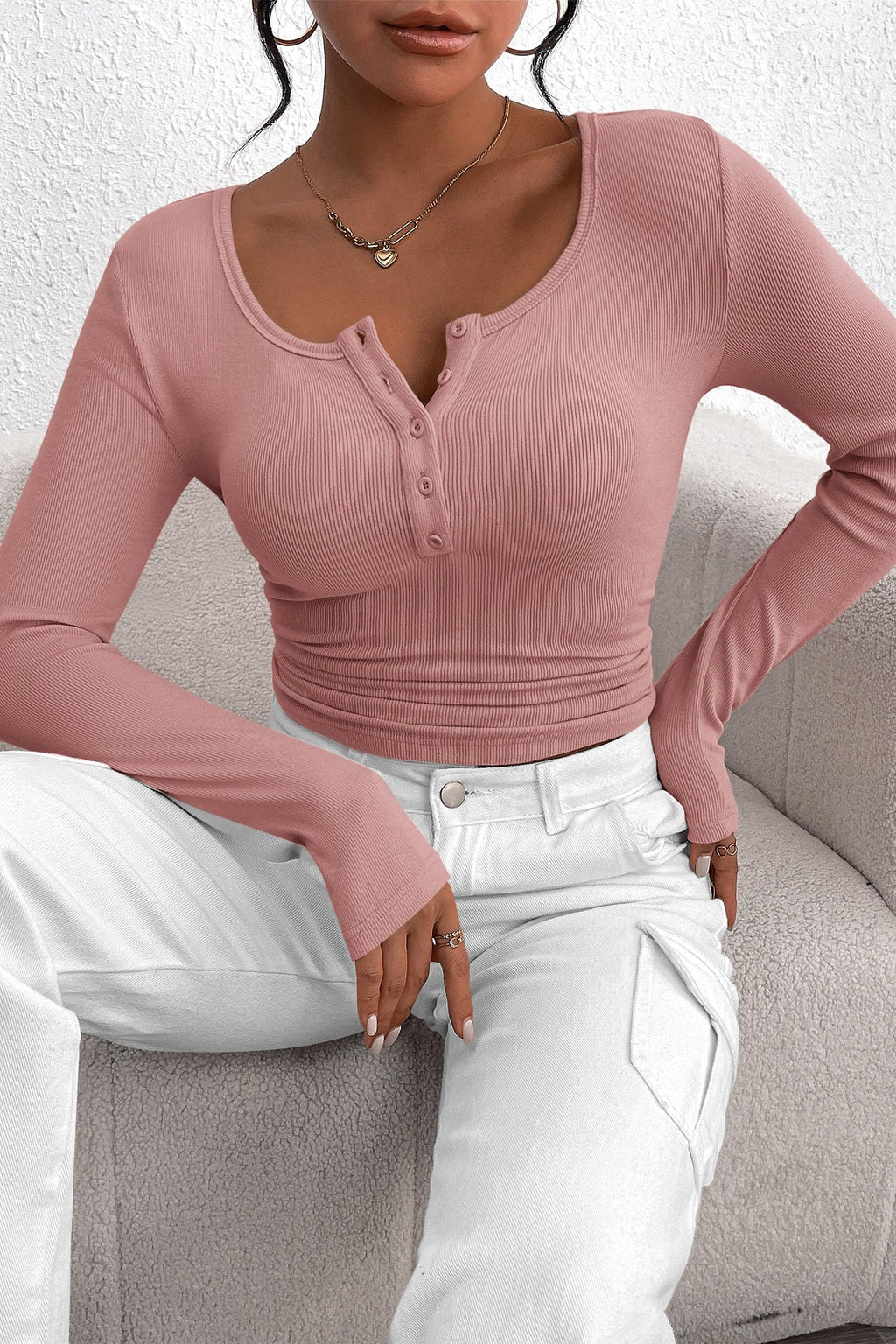 Women's Spring Fall Long Sleeve Henley T Shirts Button Ribbed Knit Slim Fit Casual Basic Tops Blouse