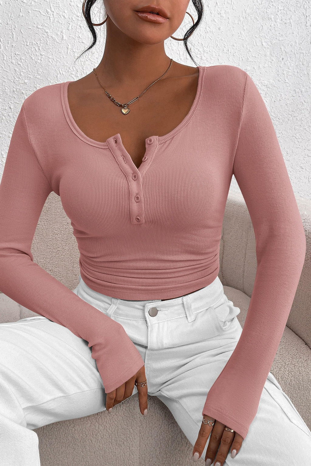 Women's Spring Fall Long Sleeve Henley T Shirts Button Ribbed Knit Slim Fit Casual Basic Tops Blouse