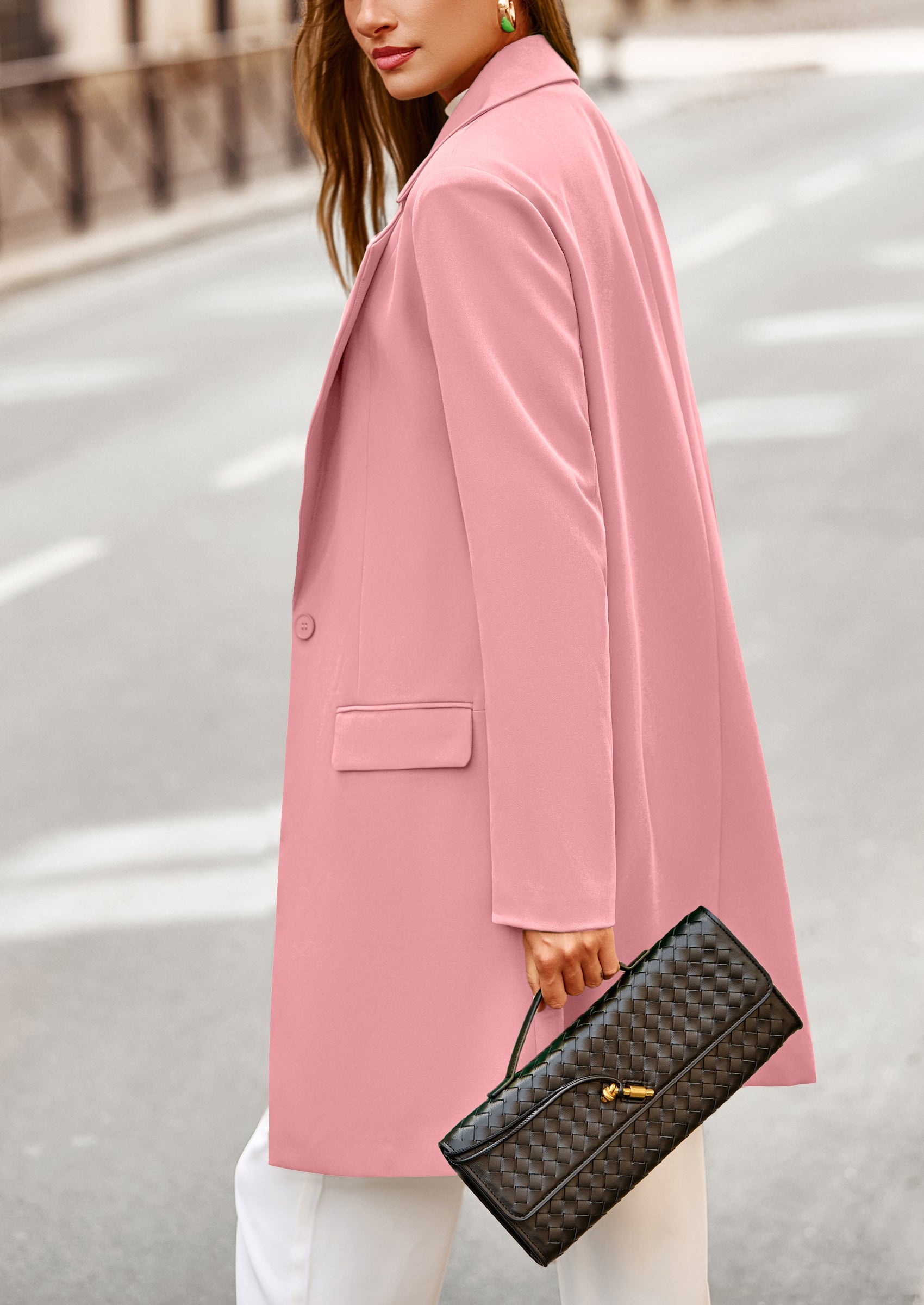 Women's Spring Fall Long Blazer Jackets Long Sleeve Lapel Pockets Loose Fit Work Casual Blazers Outerwear