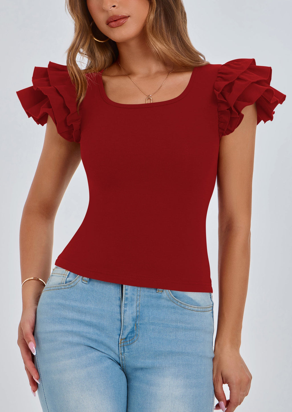 Women's Ruffle Short Sleeve Shirts Summer Casual Basic Tee Cute Fitted Crew Neck Fashion Tops Clothes