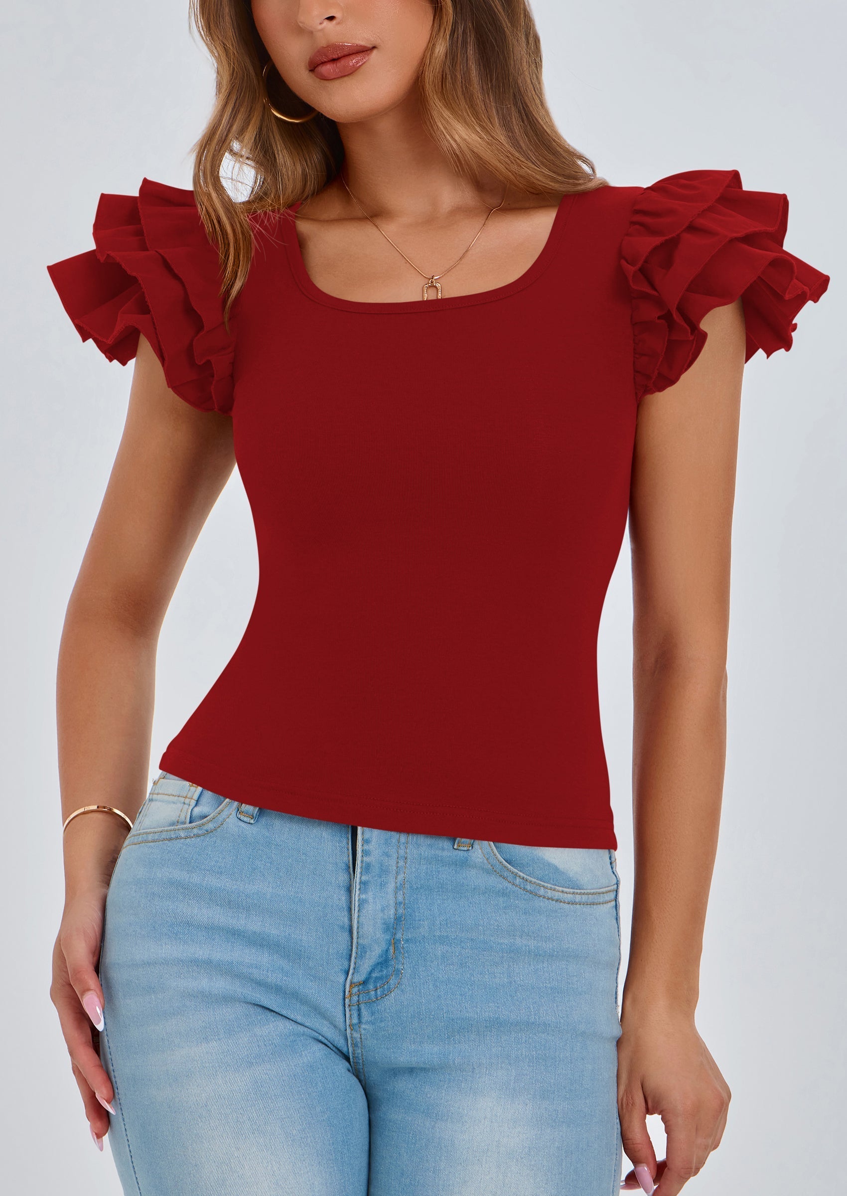 Women's Ruffle Short Sleeve Shirts Summer Casual Basic Tee Cute Fitted Crew Neck Fashion Tops Clothes