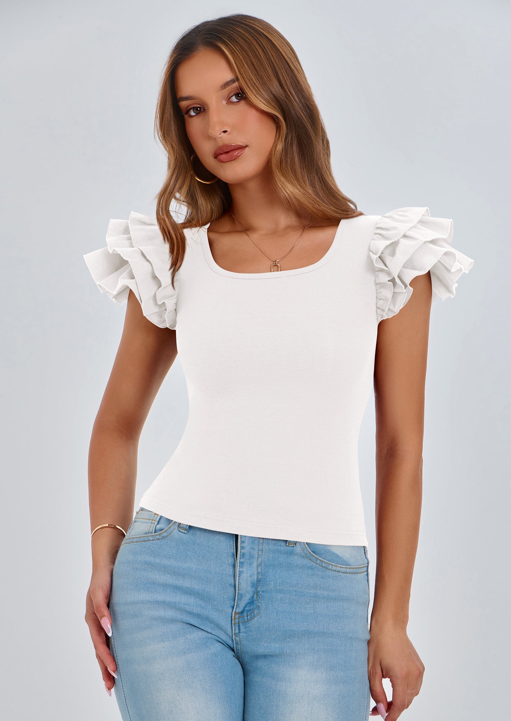 Women's Ruffle Short Sleeve Shirts Summer Casual Basic Tee Cute Fitted Crew Neck Fashion Tops Clothes
