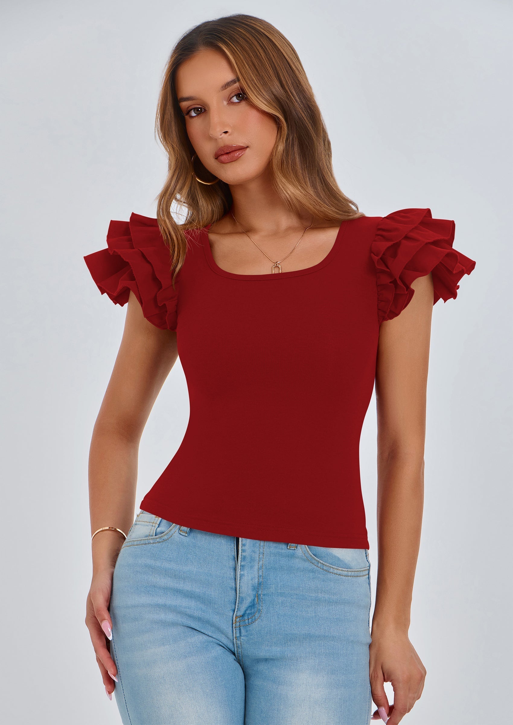 Women's Ruffle Short Sleeve Shirts Summer Casual Basic Tee Cute Fitted Crew Neck Fashion Tops Clothes