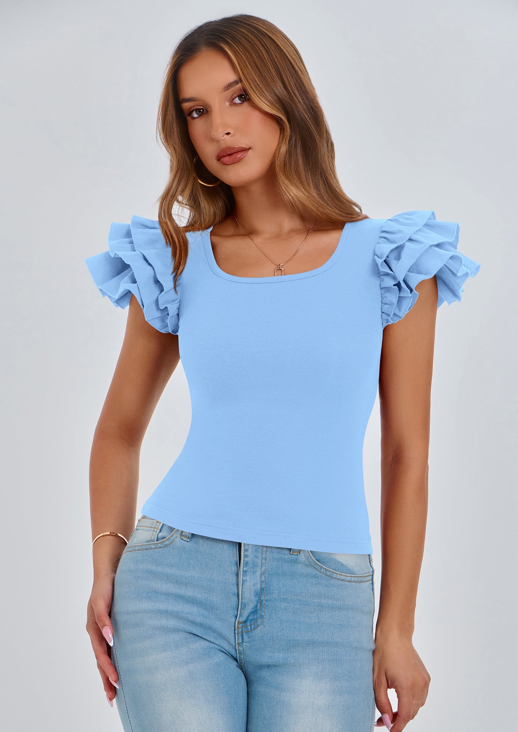 Women's Ruffle Short Sleeve Shirts Summer Casual Basic Tee Cute Fitted Crew Neck Fashion Tops Clothes
