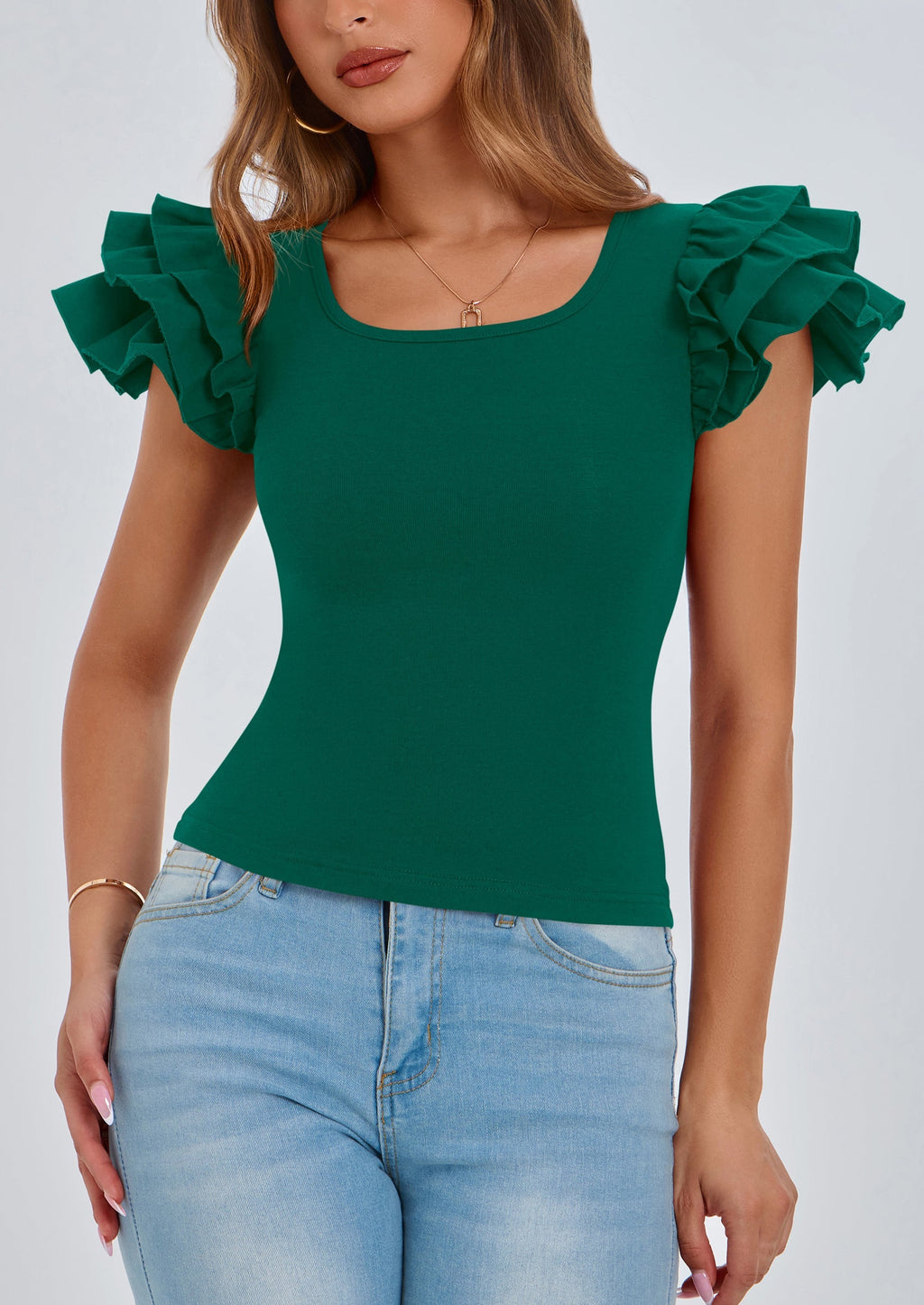 Women's Ruffle Short Sleeve Shirts Summer Casual Basic Tee Cute Fitted Crew Neck Fashion Tops Clothes