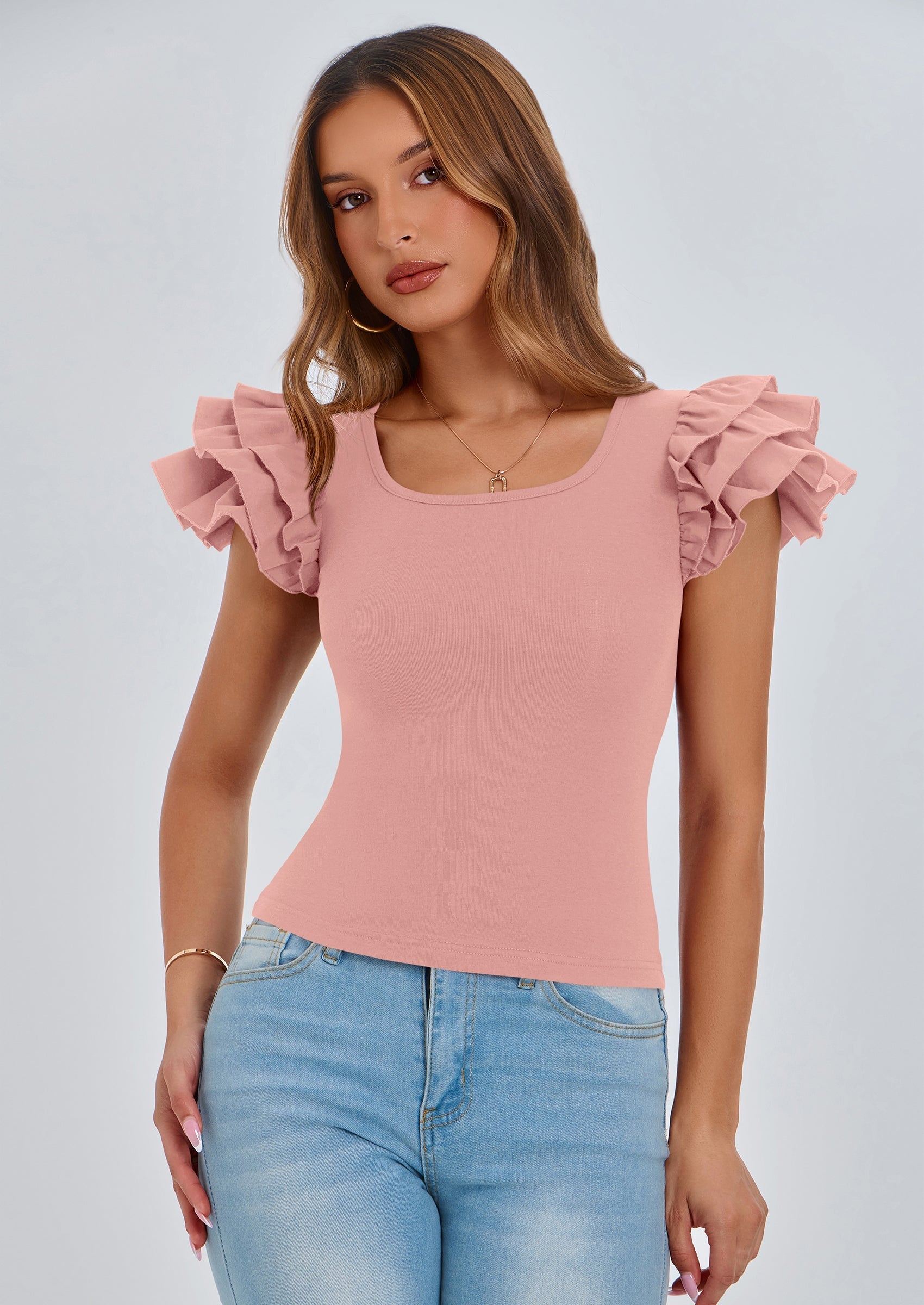 Women's Ruffle Short Sleeve Shirts Summer Casual Basic Tee Cute Fitted Crew Neck Fashion Tops Clothes